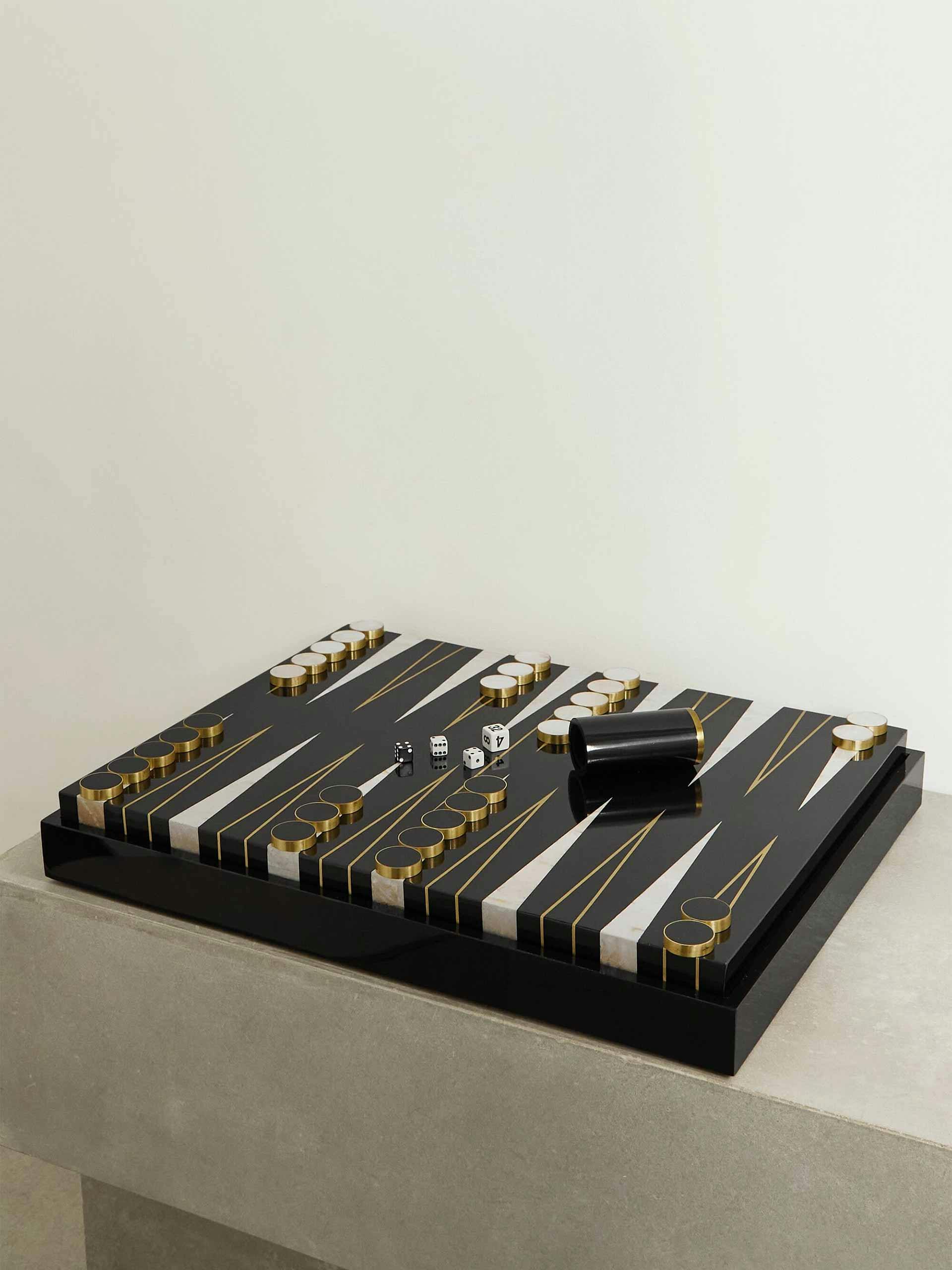 Ebony, marble, brass and shell backgammon set