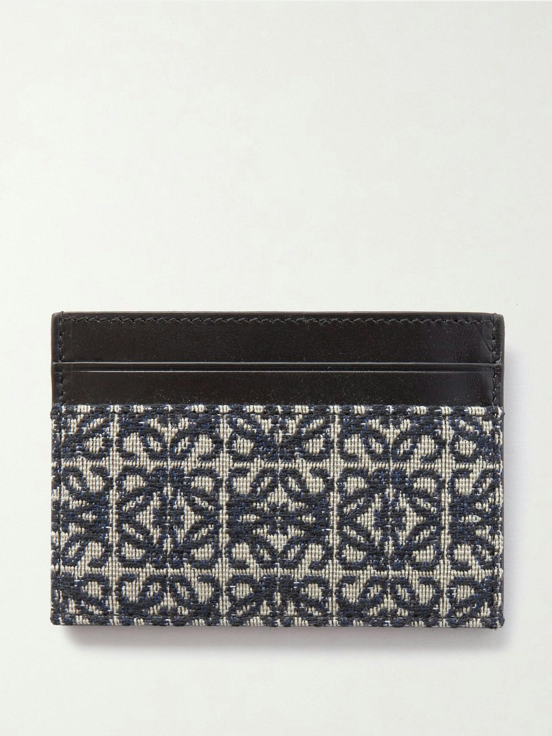 Navy anagram leather and canvas-jacquard cardholder