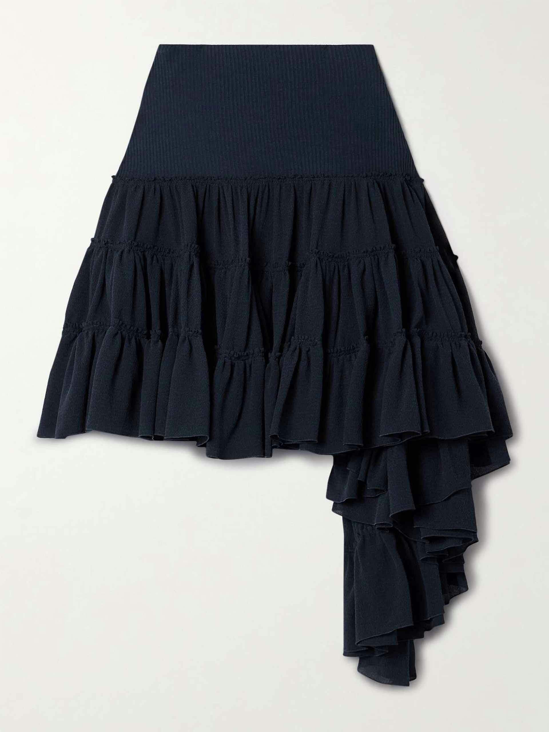 Ribbed jersey-trimmed ruffled silk-crepe mini skirt
