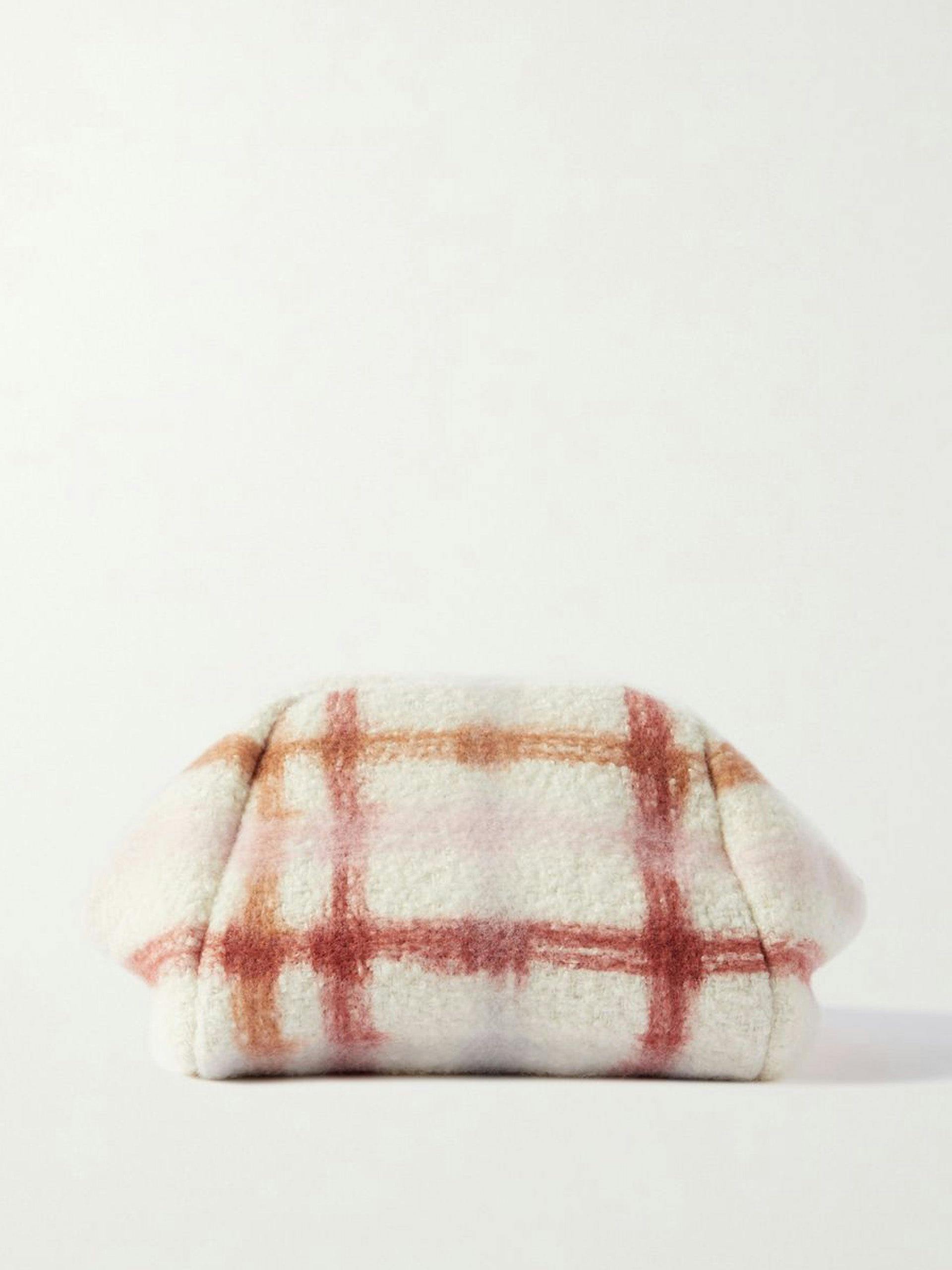 Leather-trimmed checked cashmere pouch