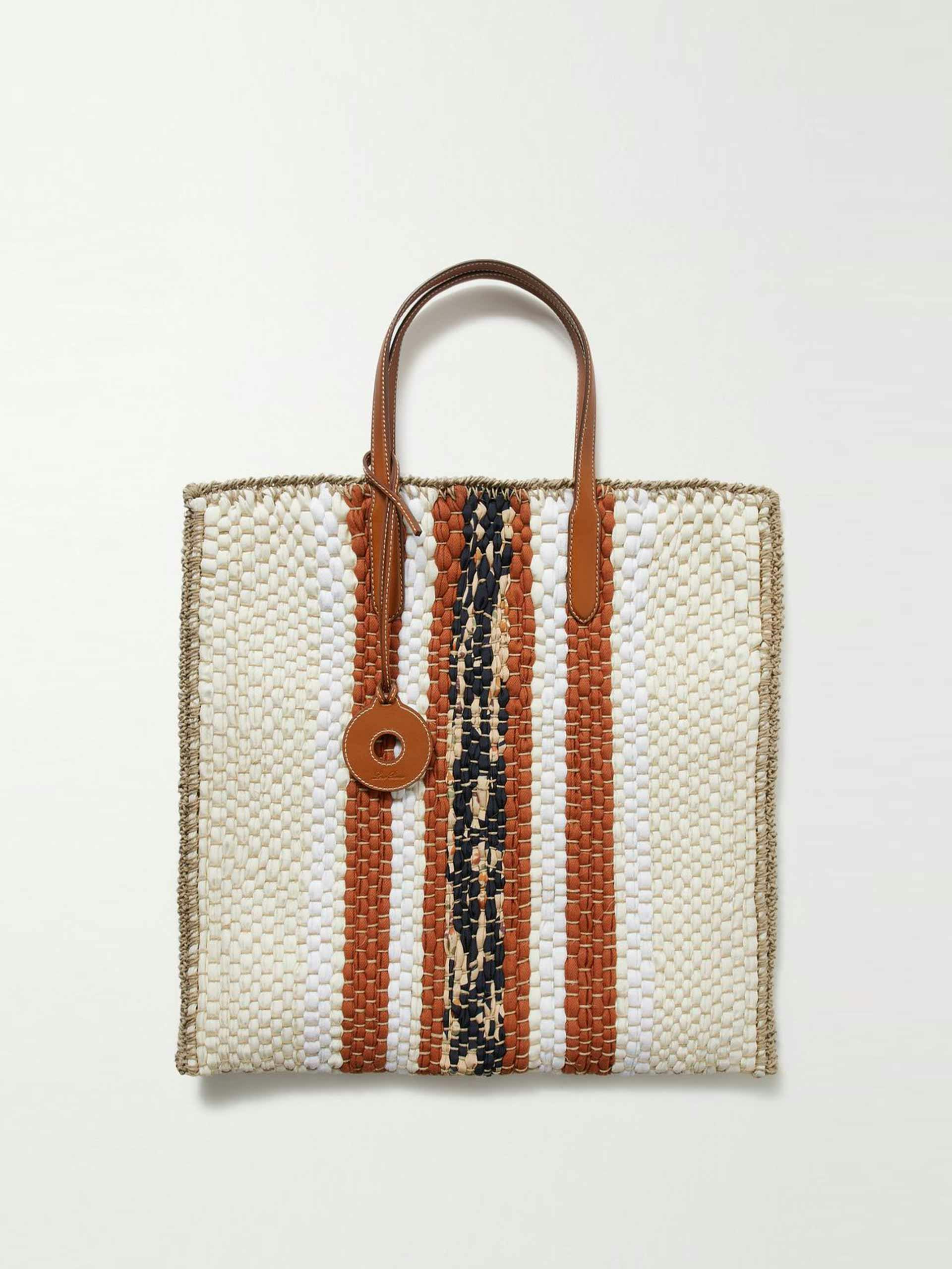 Leather-trimmed striped wool and silk-blend tote
