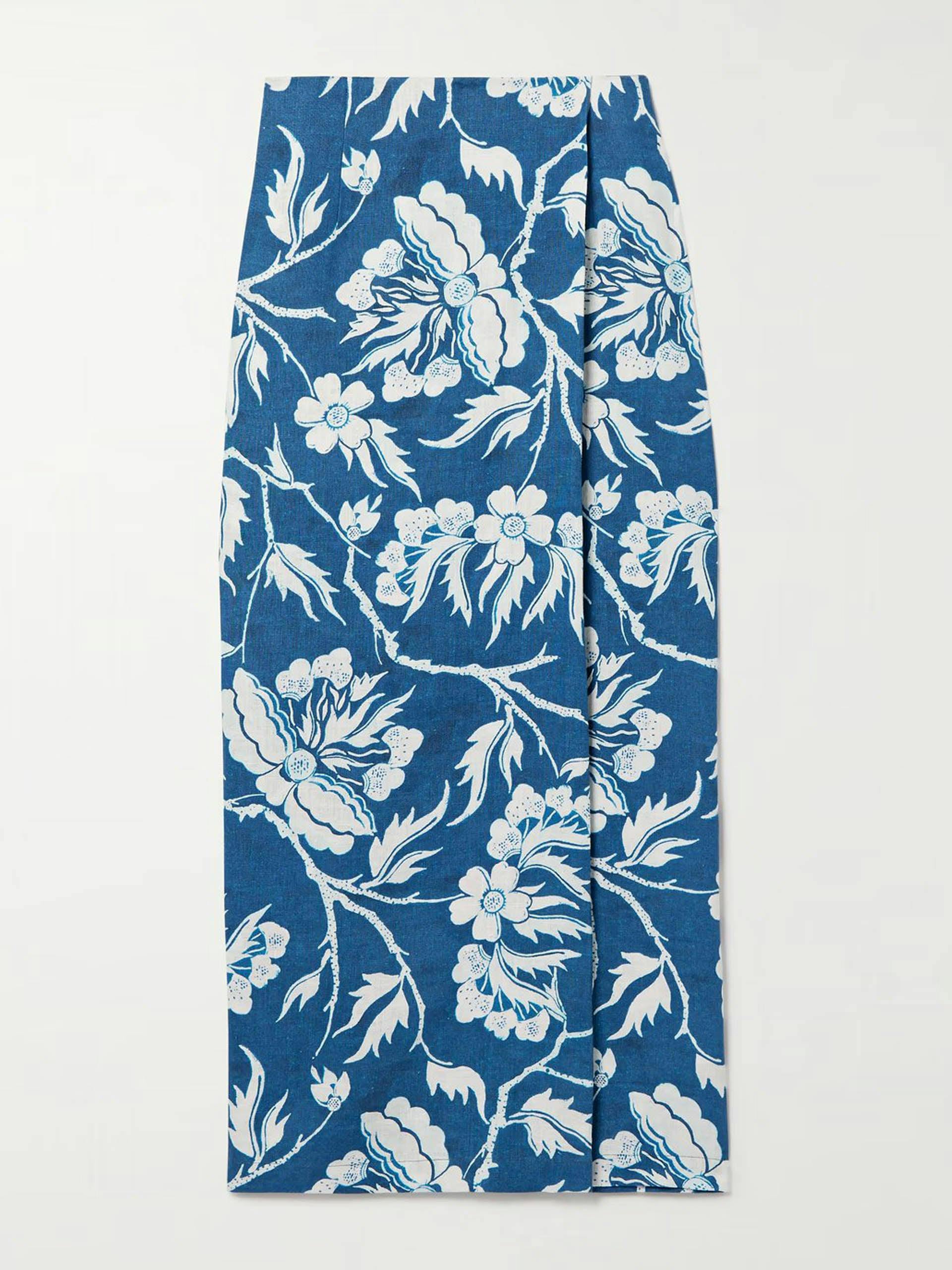 Sunja wrap-effect floral-print hemp midi skirt