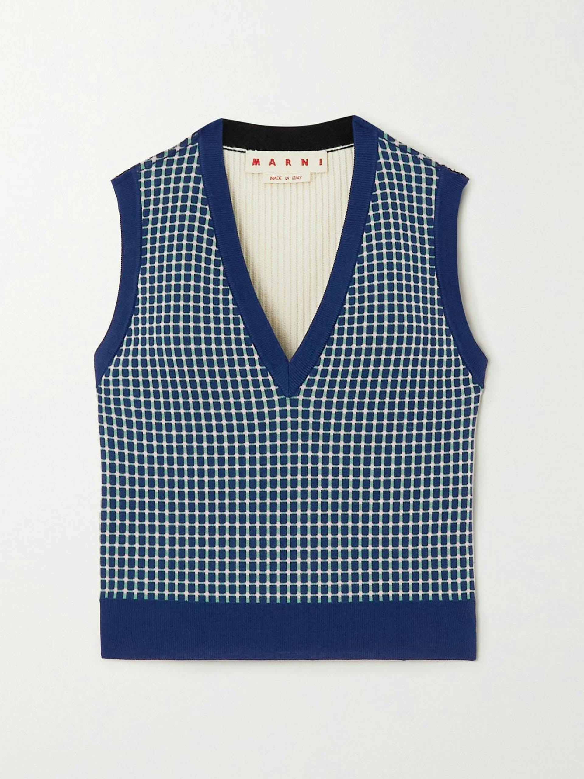 Blue panelled checked wool-blend jacquard and ribbed-knit sweater