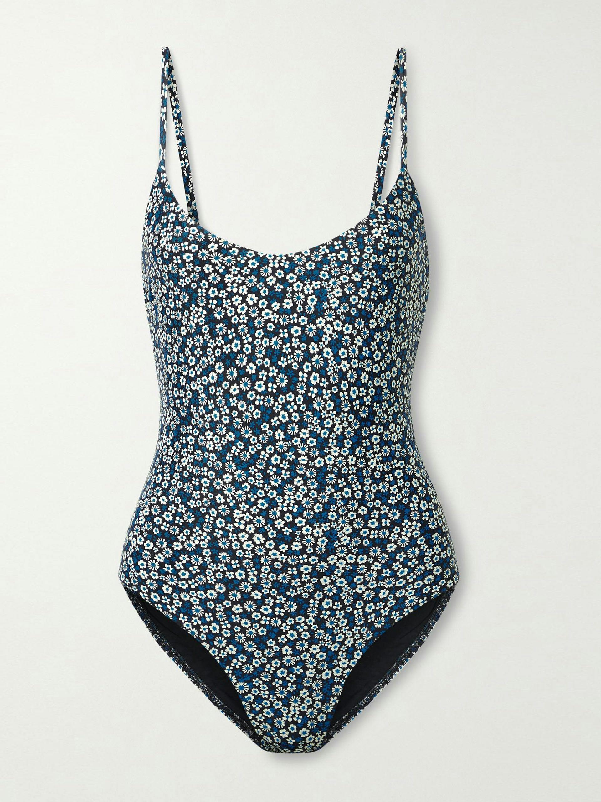 Blue floral-print recycled-nylon swimsuit