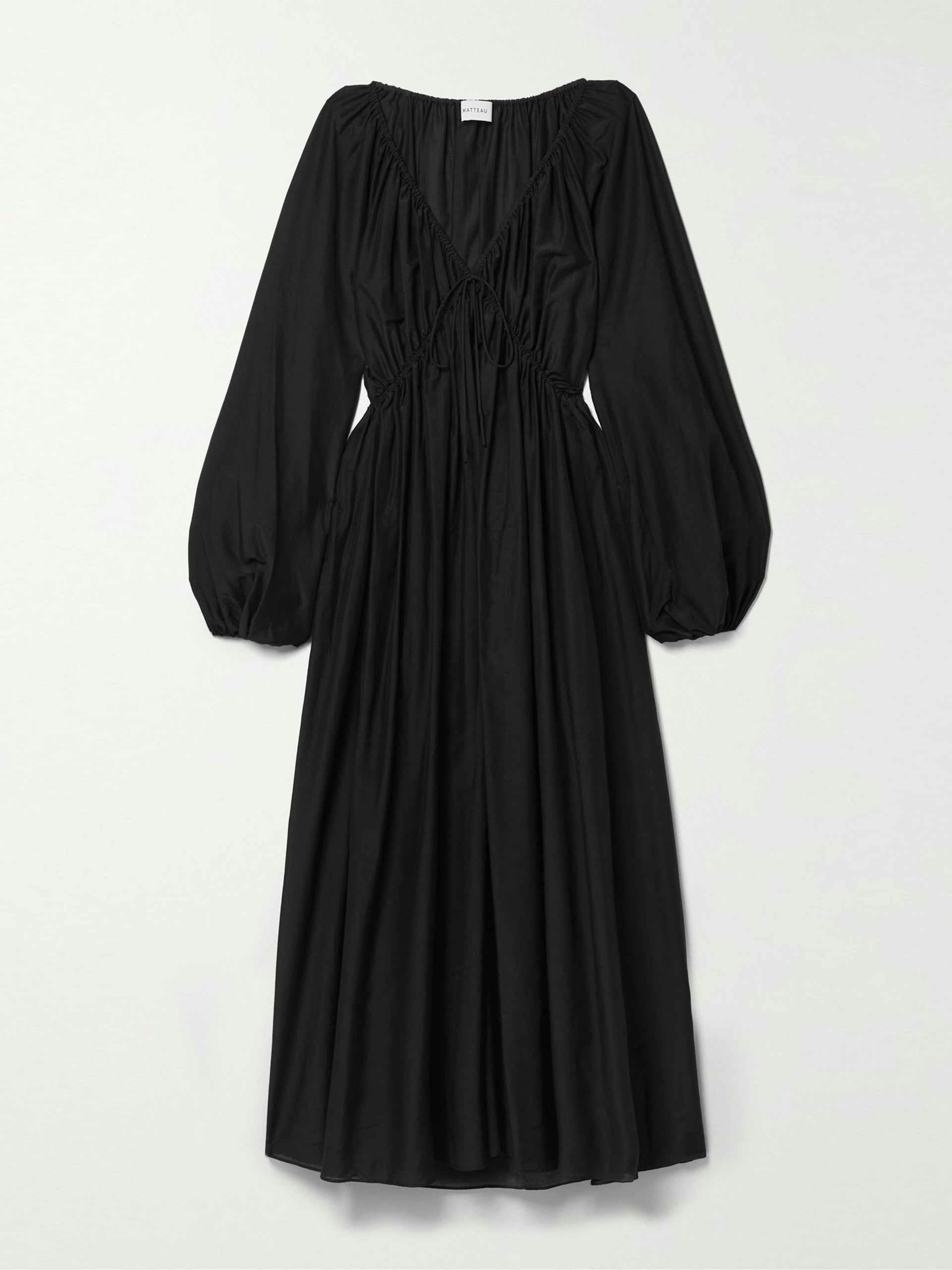Black gathered cotton-poplin midi dress
