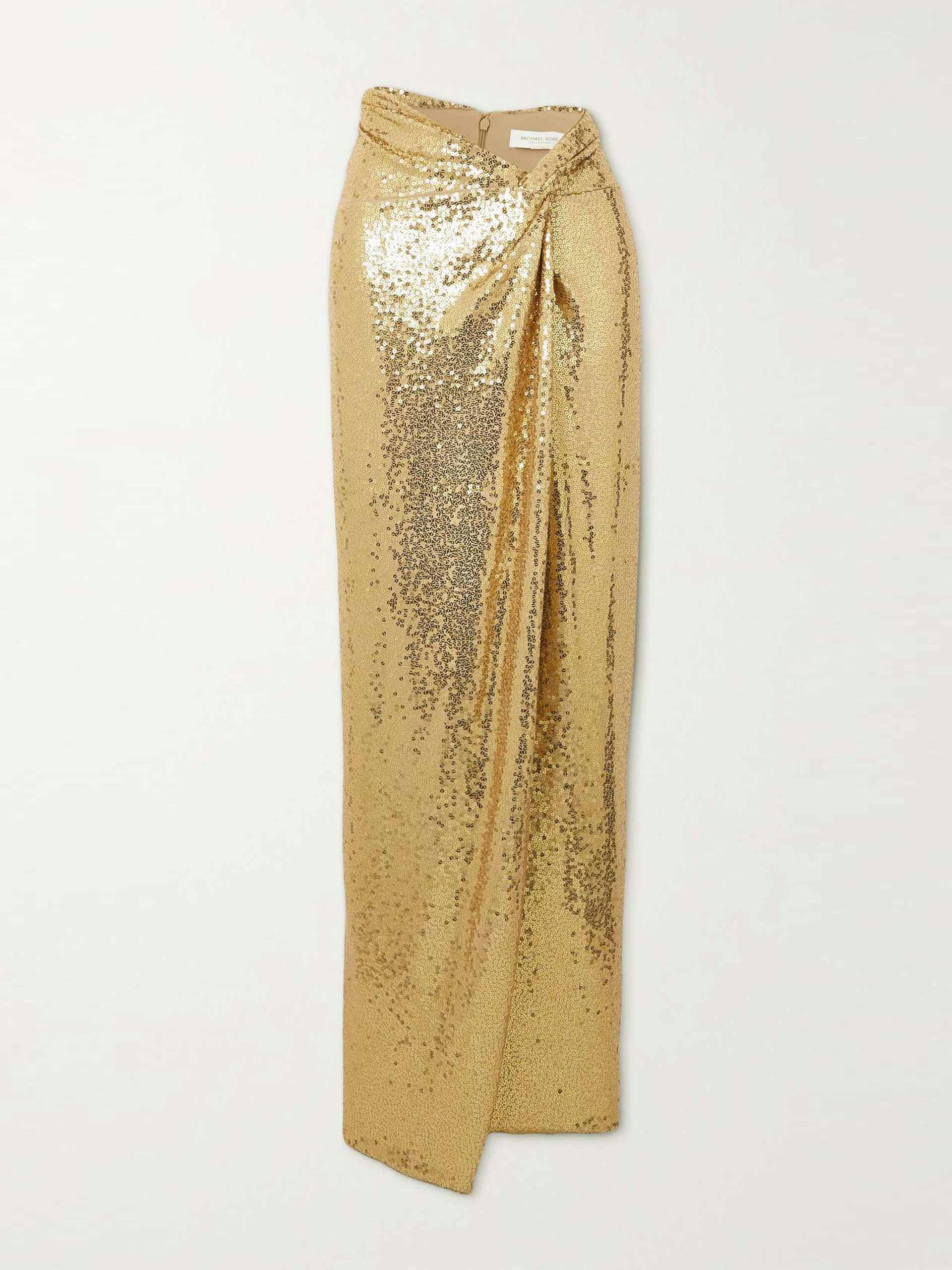 Gold wrap-effect sequined jersey maxi skirt