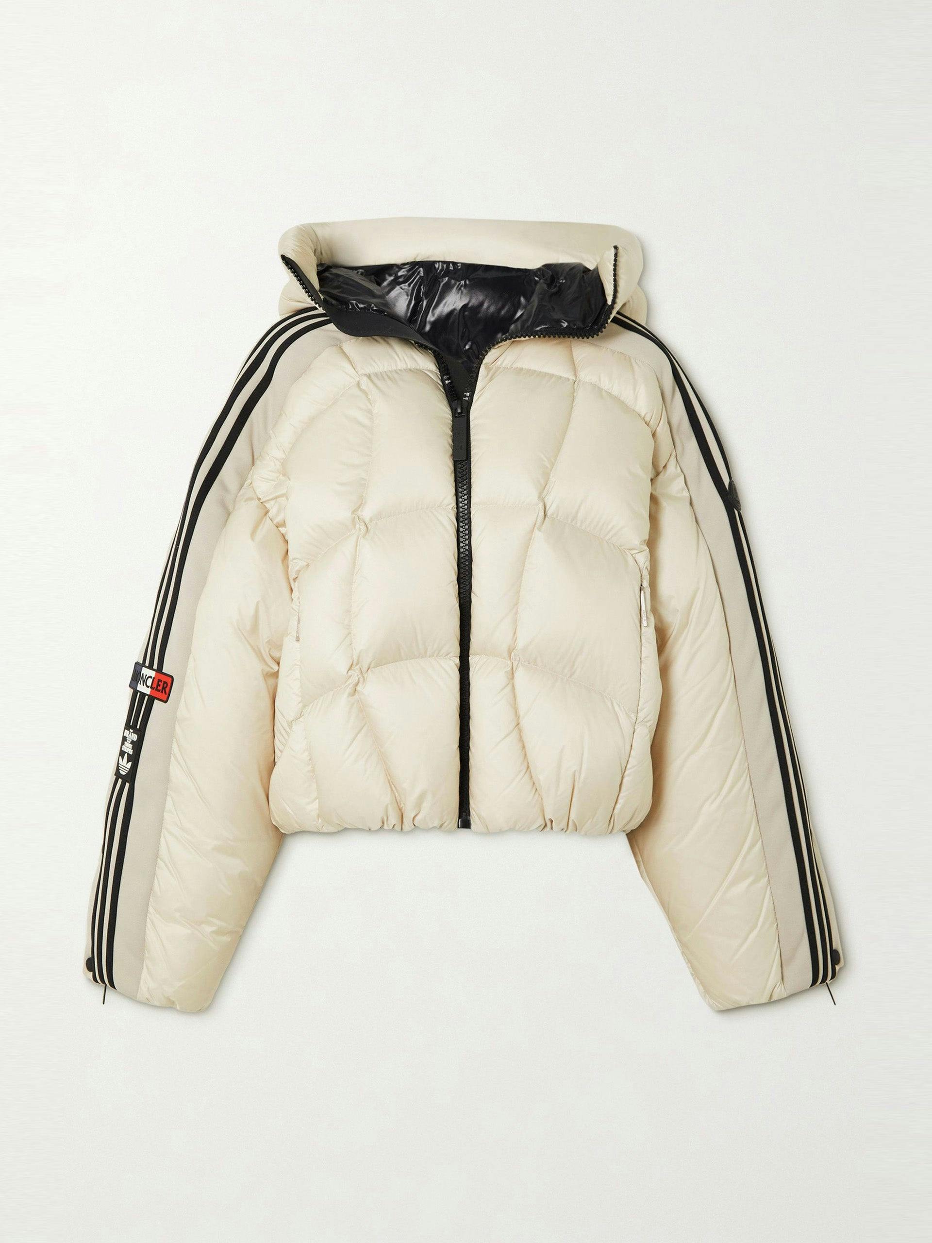 Cropped hooded striped quilted shell down jacket