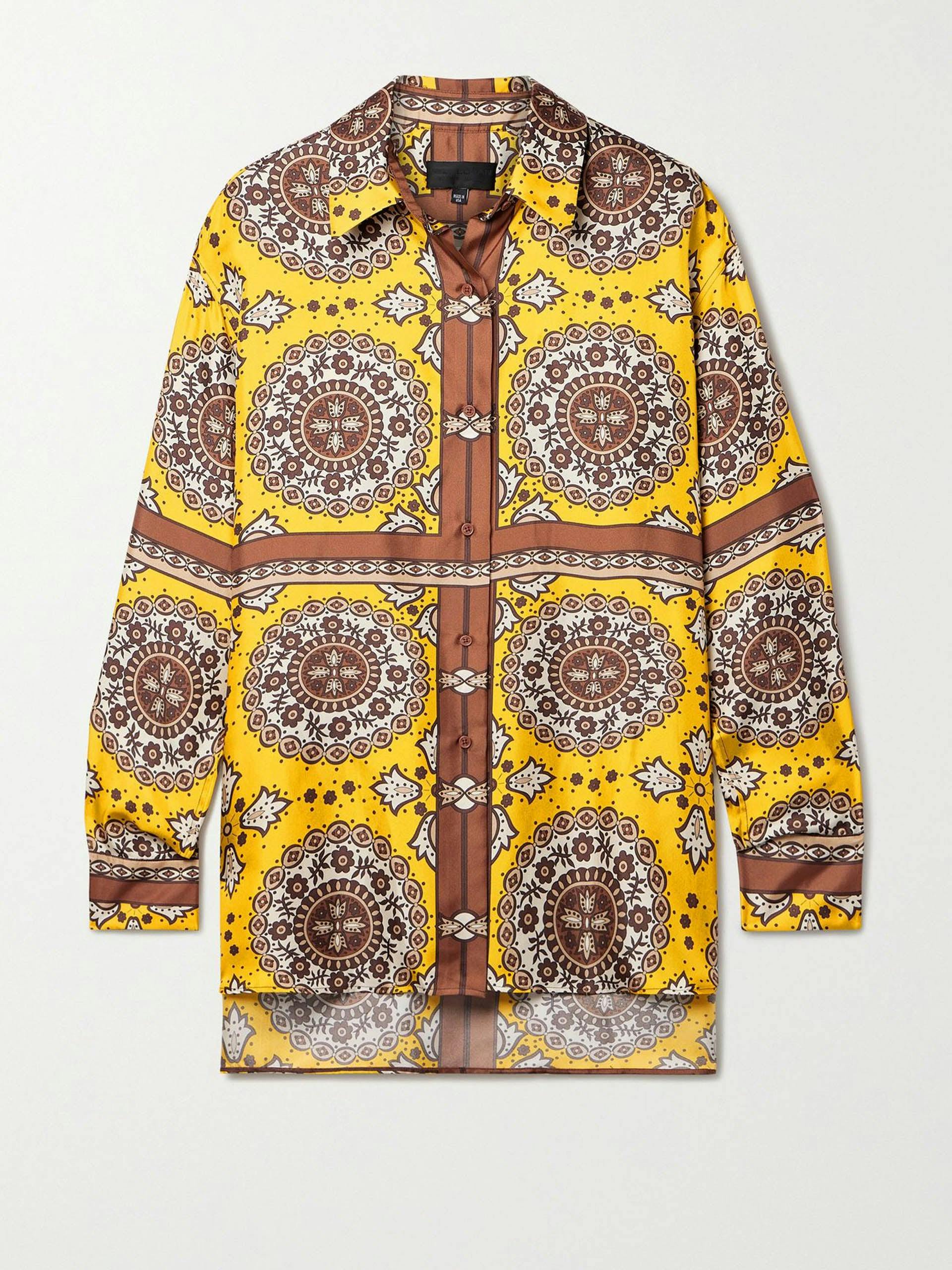 Yellow and brown oversized printed silk-twill shirt
