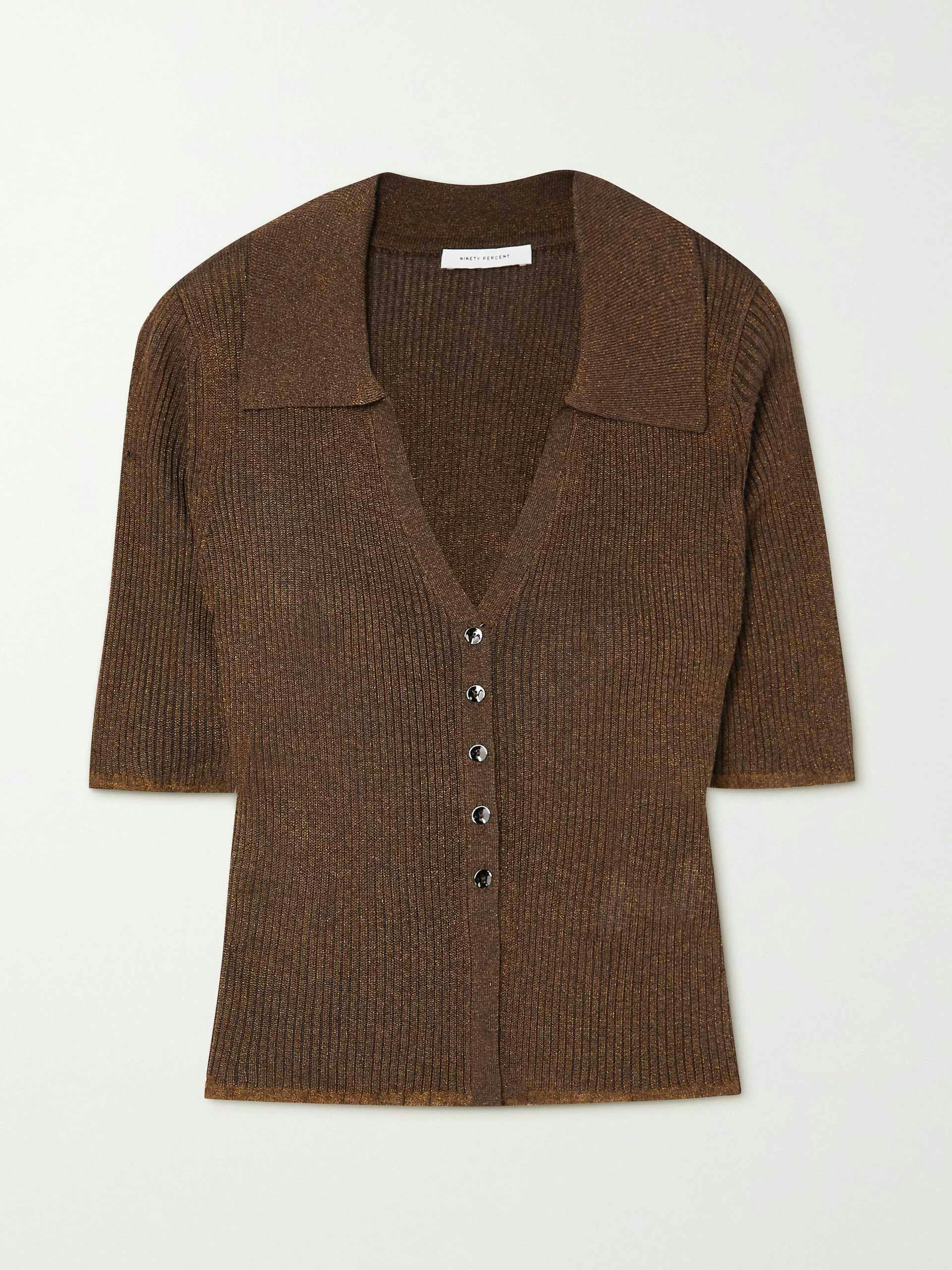 Brown metallic ribbed-knit polo top