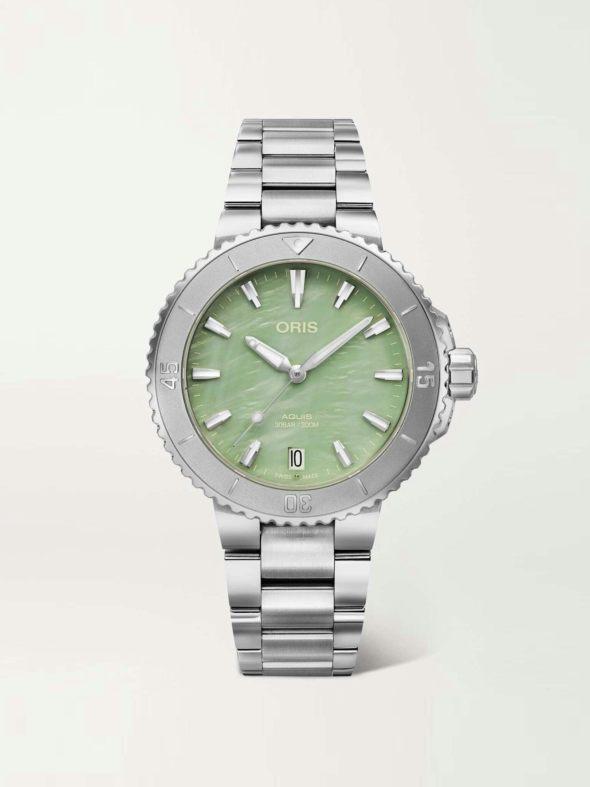 Aquis Date Automatic stainless steel and mother-of-pearl watch