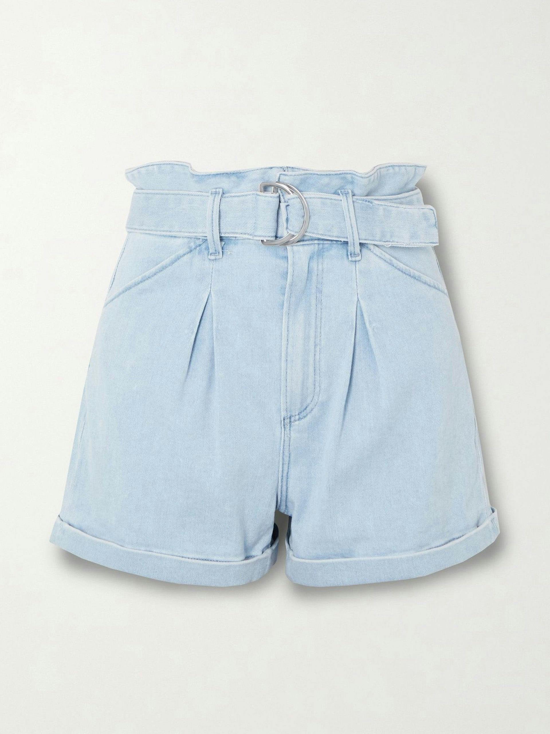 Belted pleated denim shorts