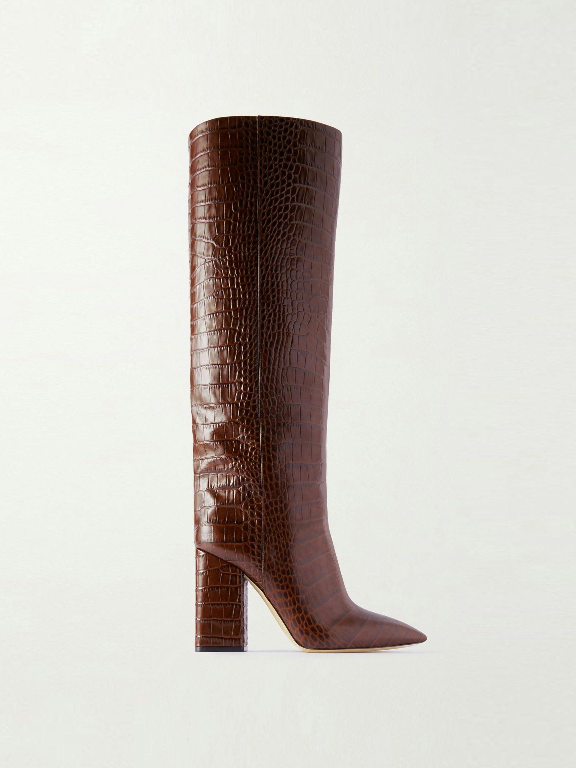 Brown croc-effect leather knee-high boots