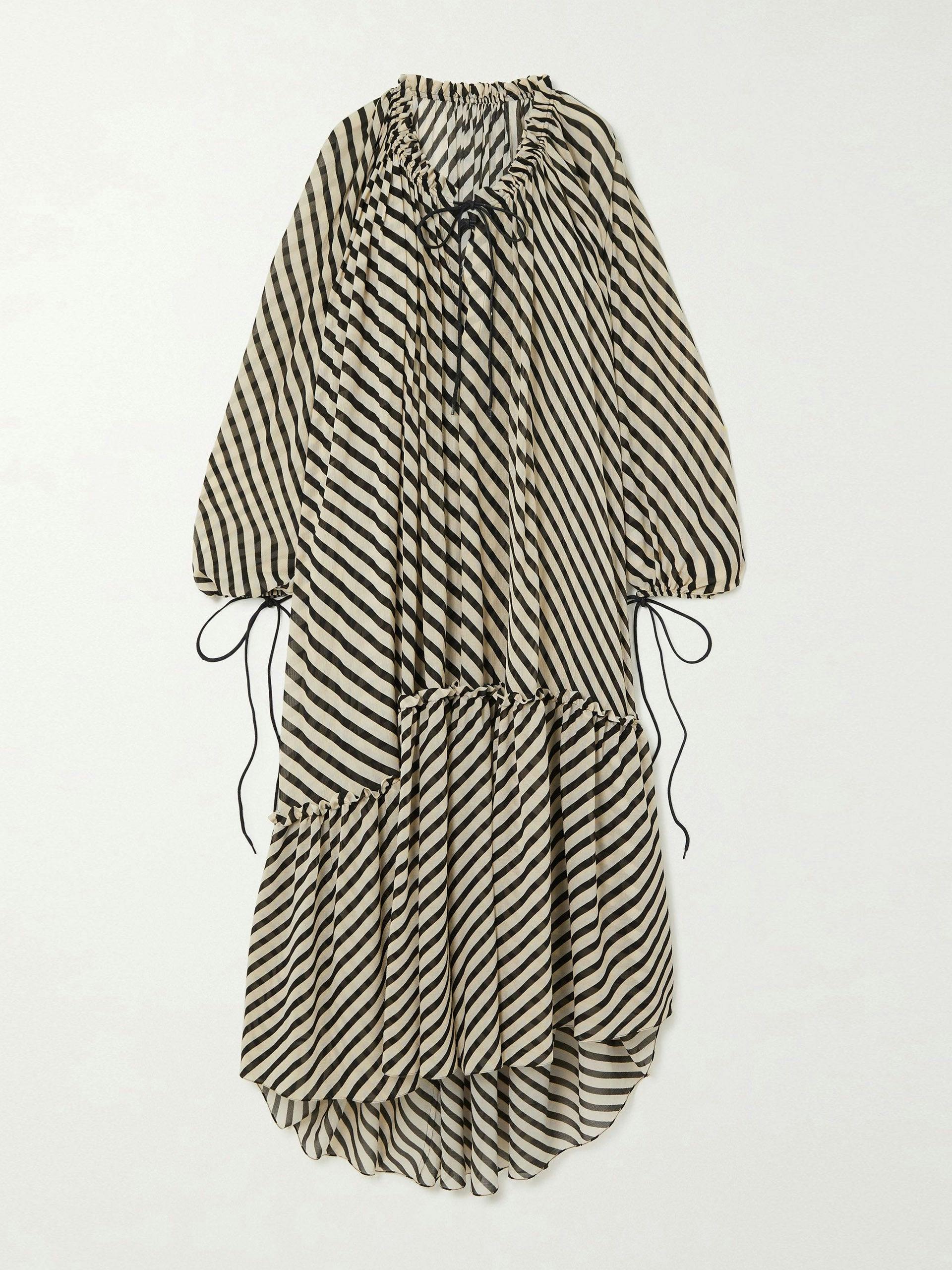 Black ruffle-trimmed striped silk-crepon maxi dress