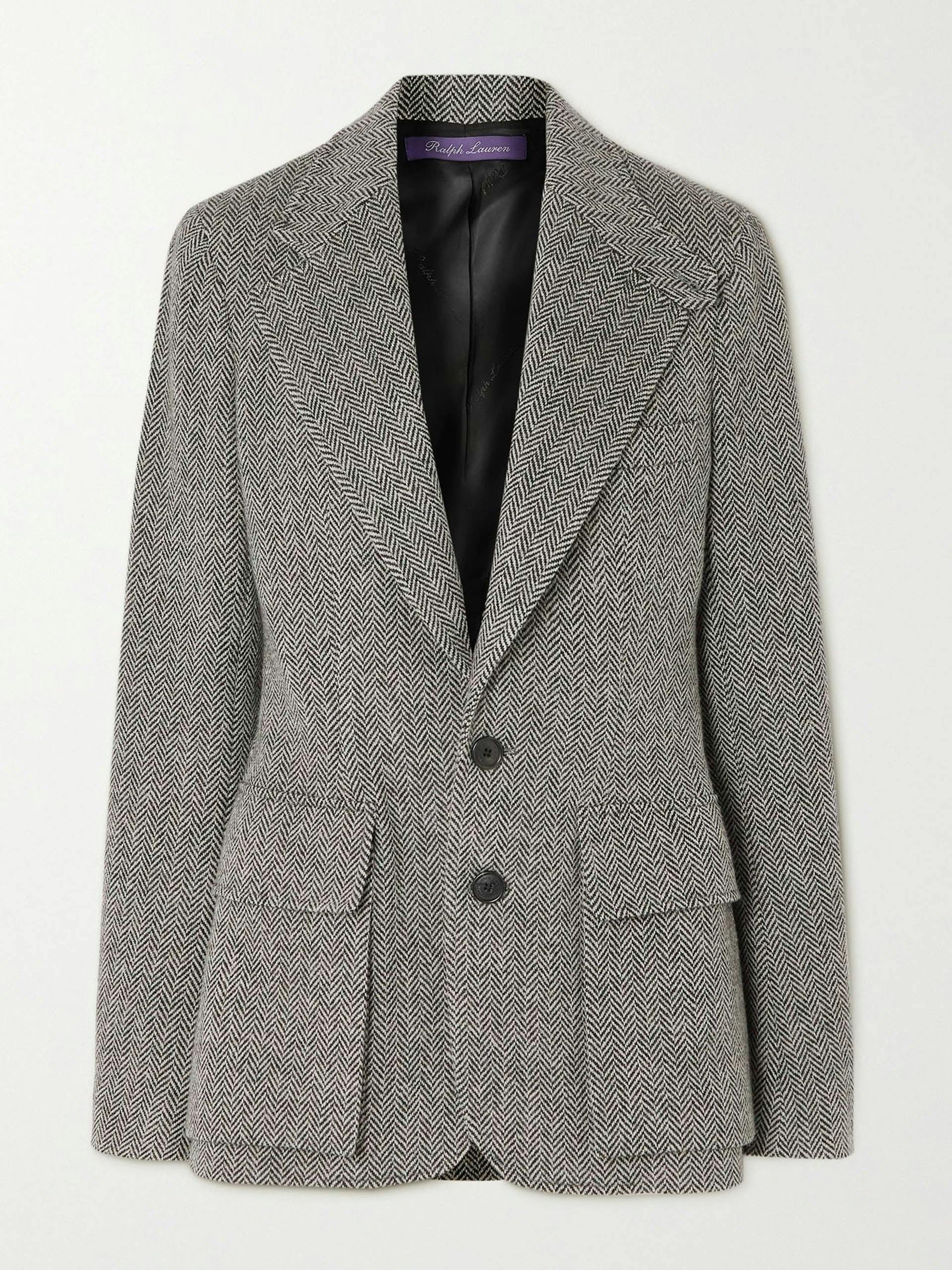Grey leather-trimmed herringbone wool-blend tweed blazer