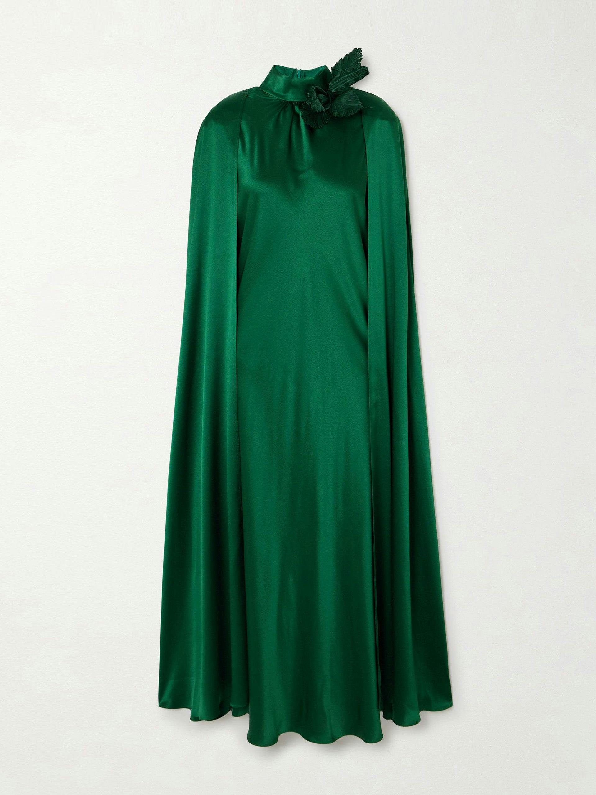 Cape-effect appliquéd silk-charmeuse gown