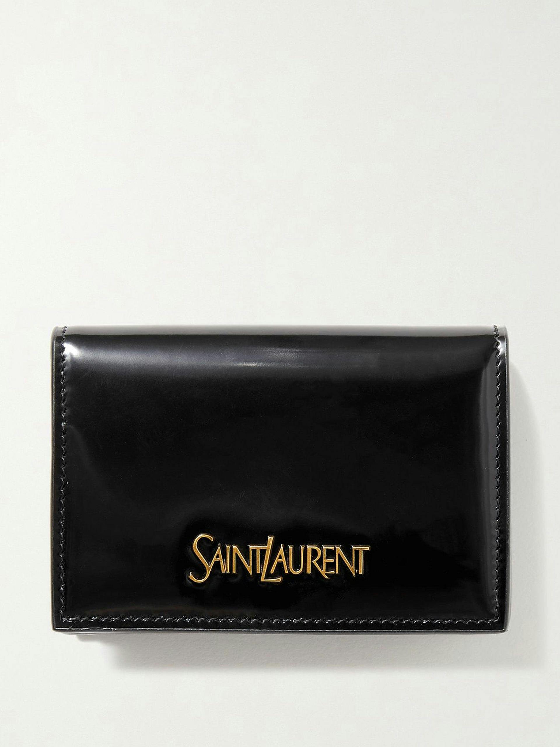 Appliquéd glossed-leather wallet