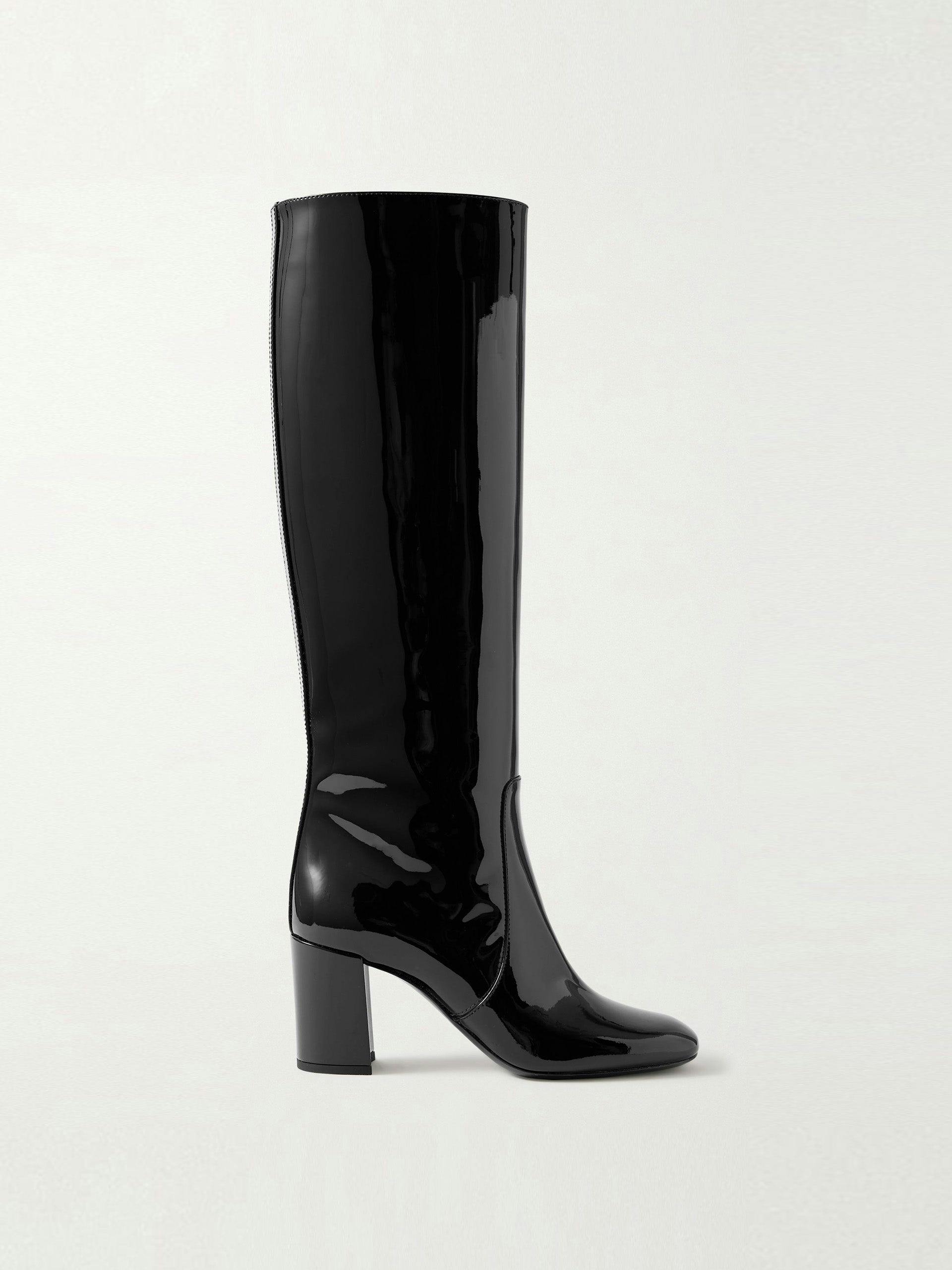 Black patent-leather knee boots