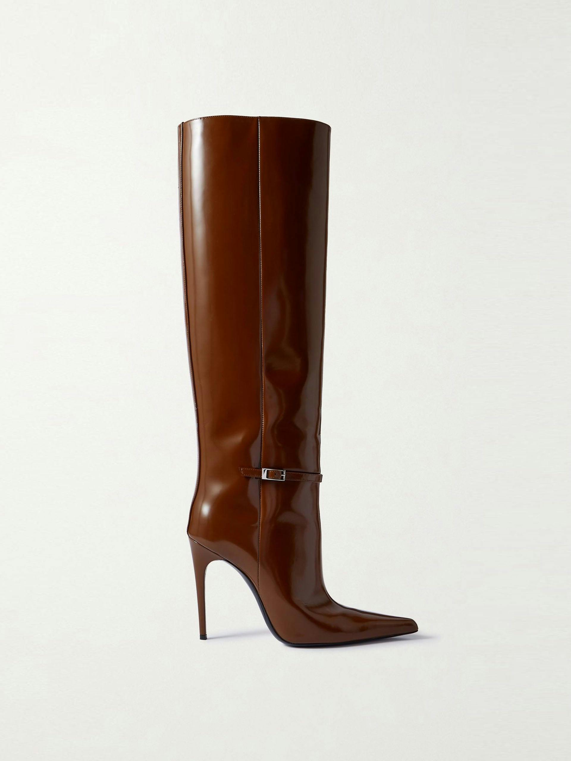 Brown buckled glossed-leather knee-high boots