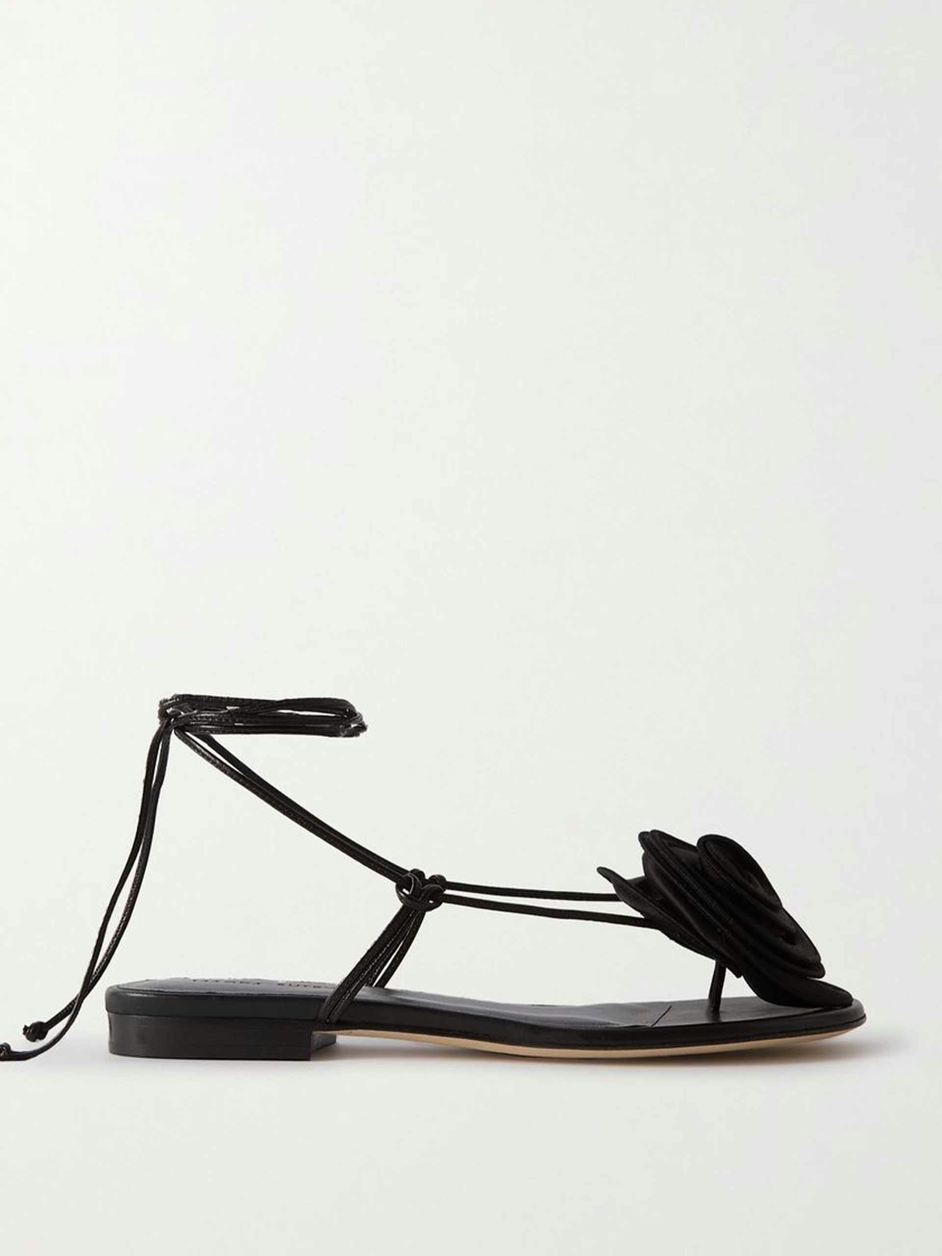 Black satin and leather sandals