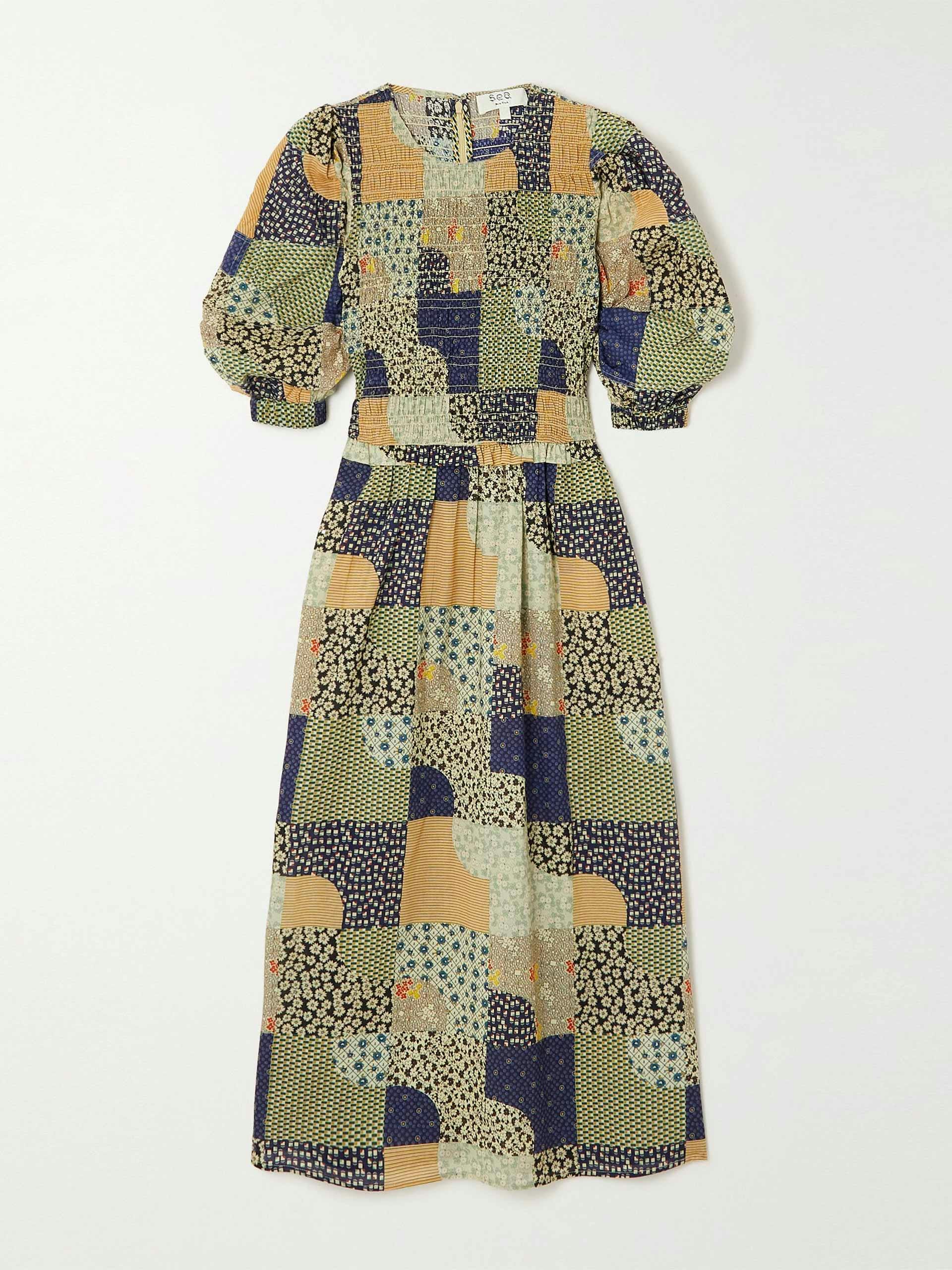 Shirred patchwork printed cotton midi dress