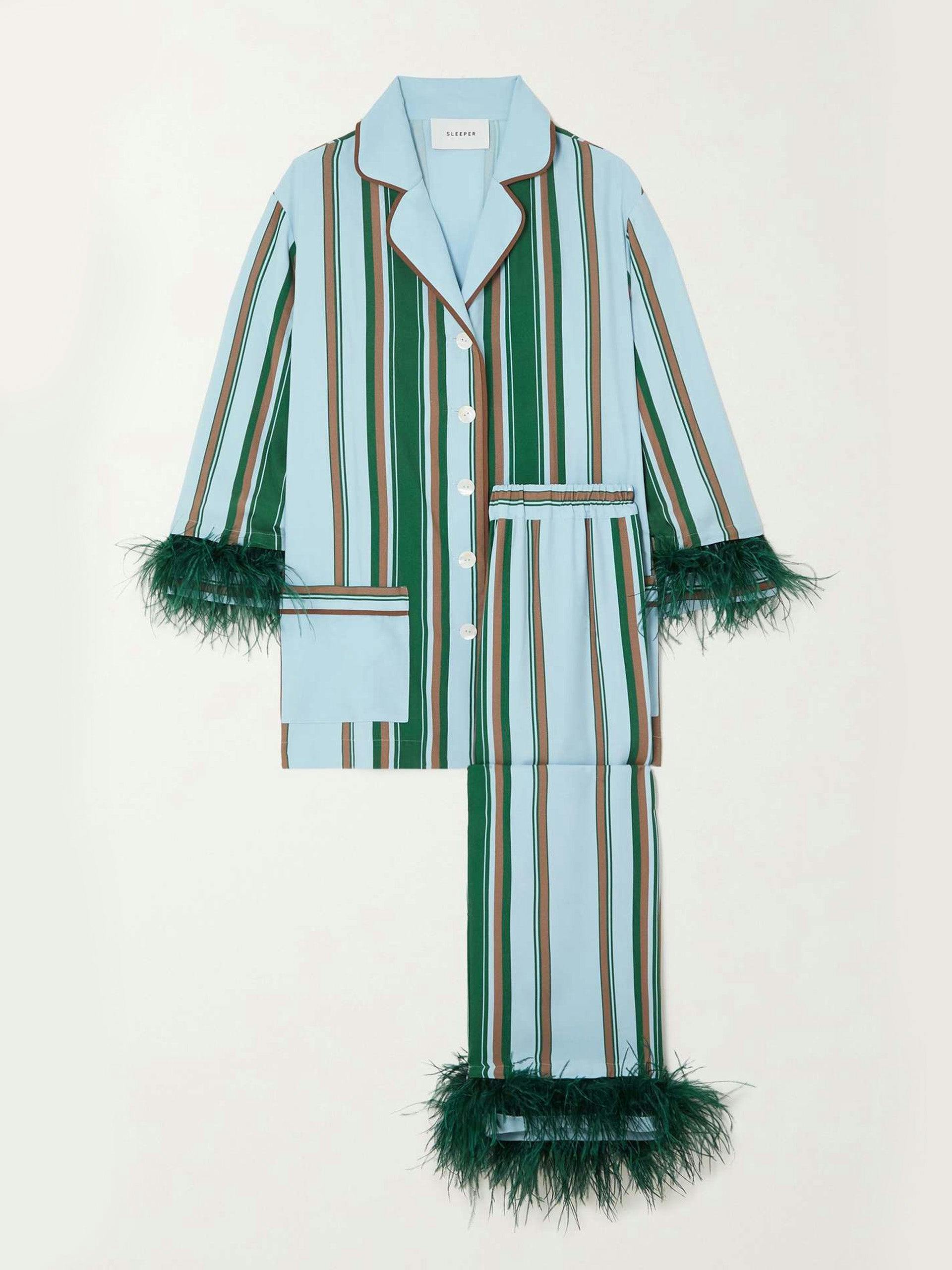 Feather-trimmed striped crepe pyjama set