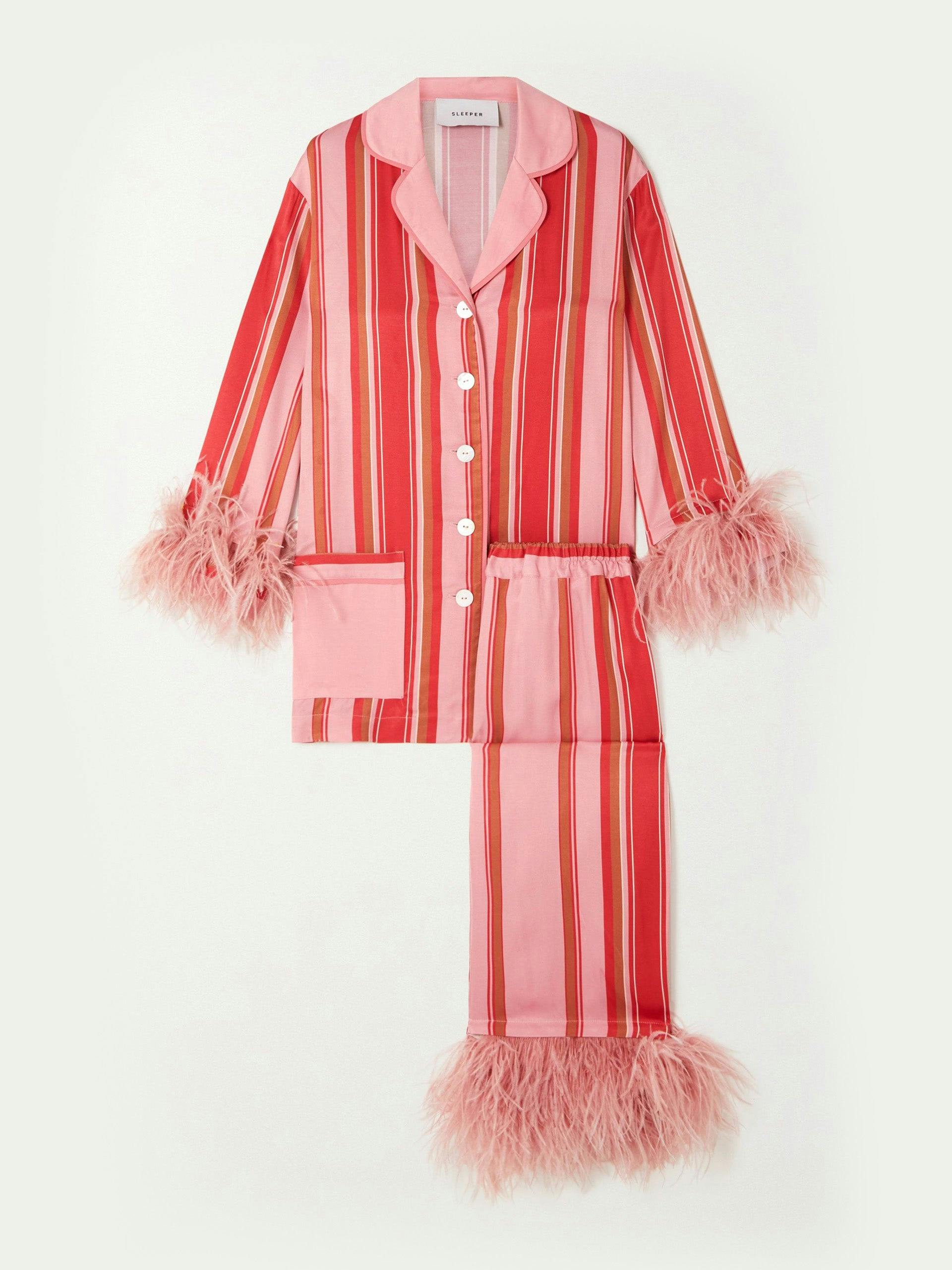 Party feather-trimmed striped charmeuse pyjama set