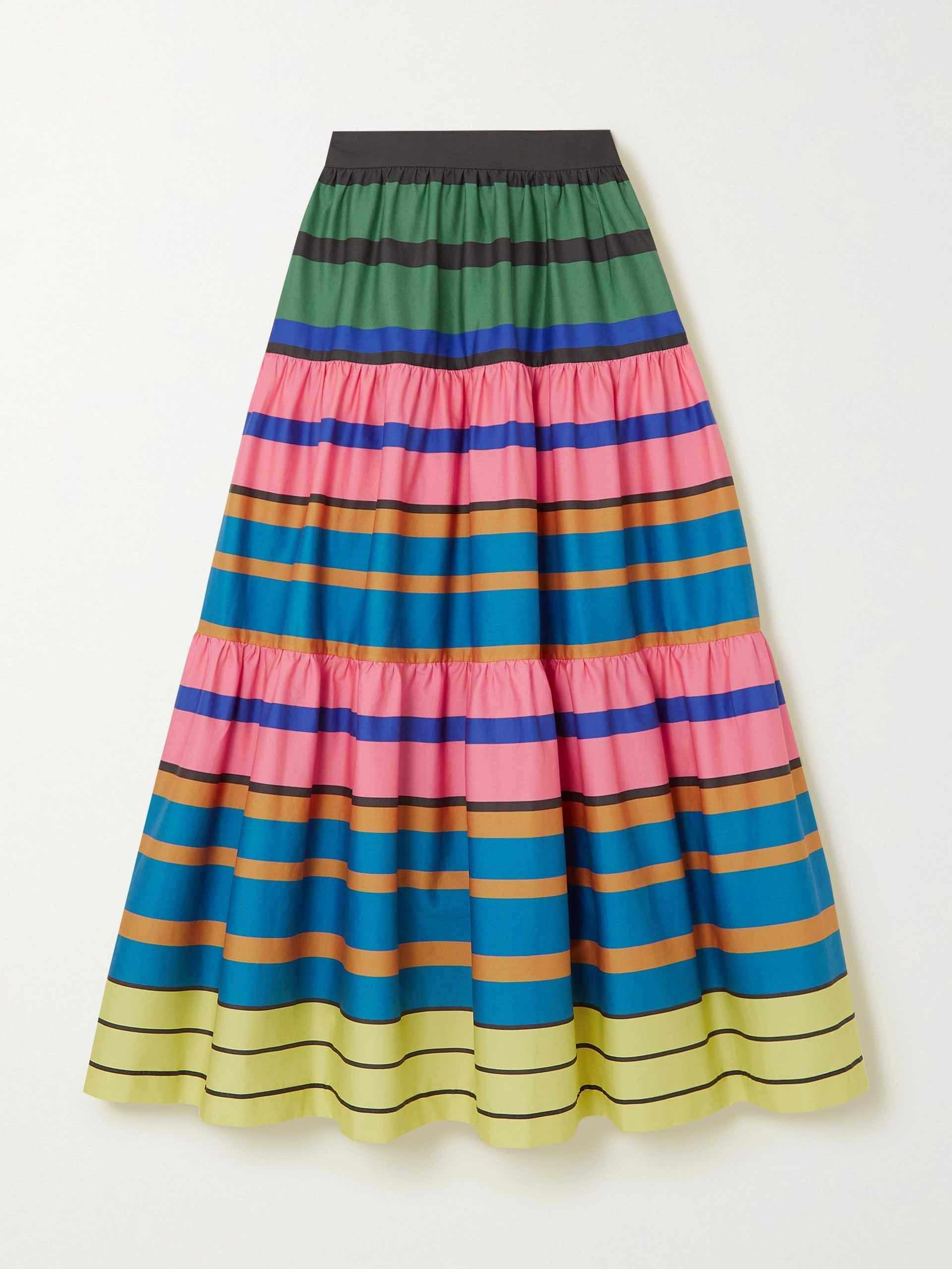 Tiered, striped stretch-cotton midi skirt