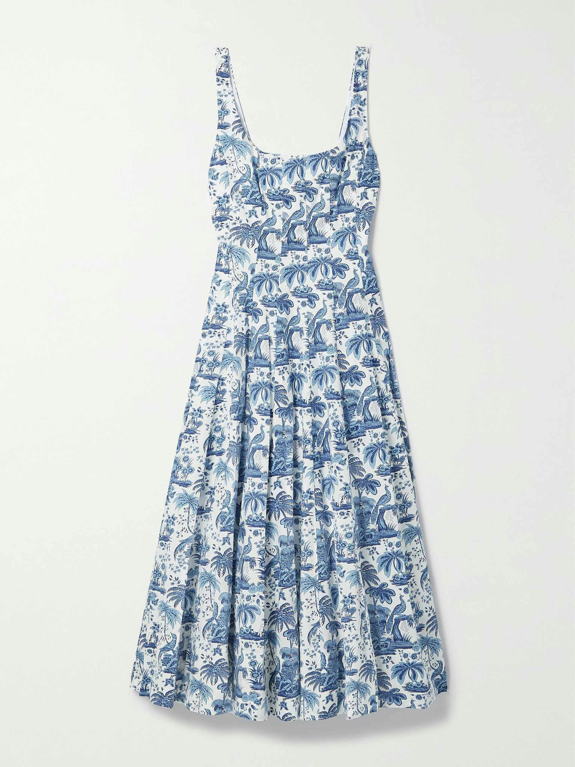 Blue pleated printed stretch-cotton poplin midi dress