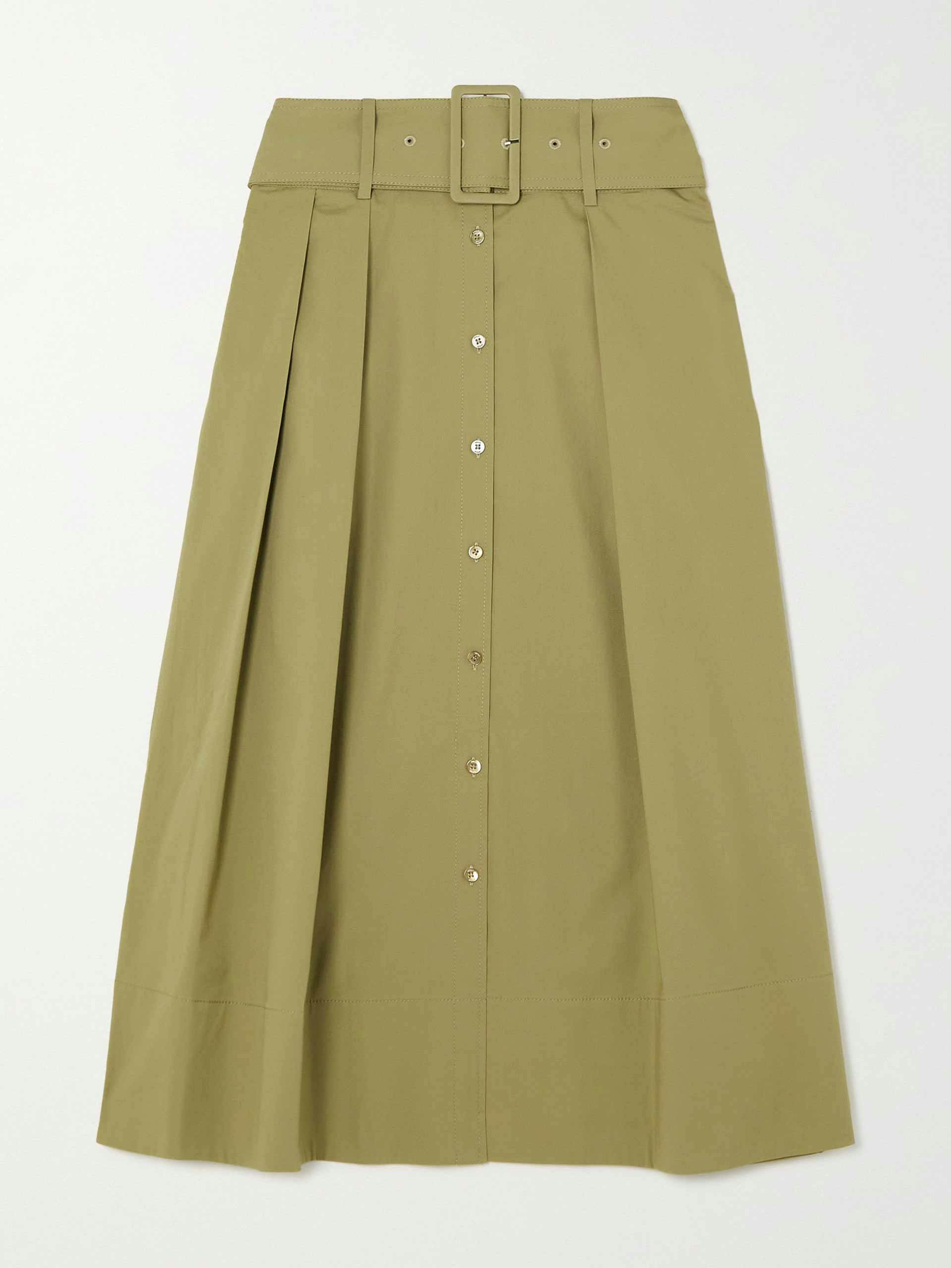 Kingsley belted pleated stretch-cotton midi skirt