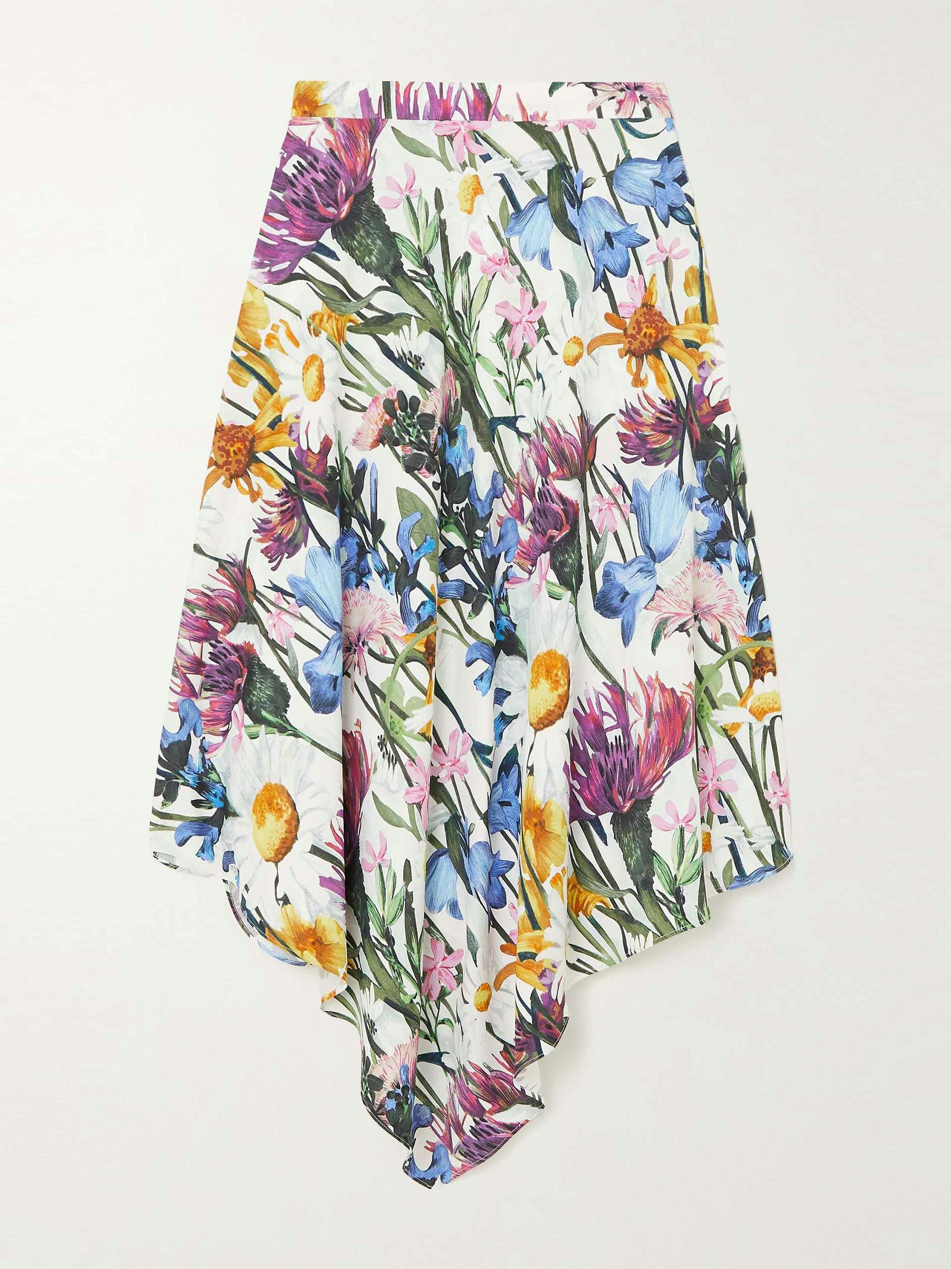 Asymmetric floral-print crepe de chine midi skirt