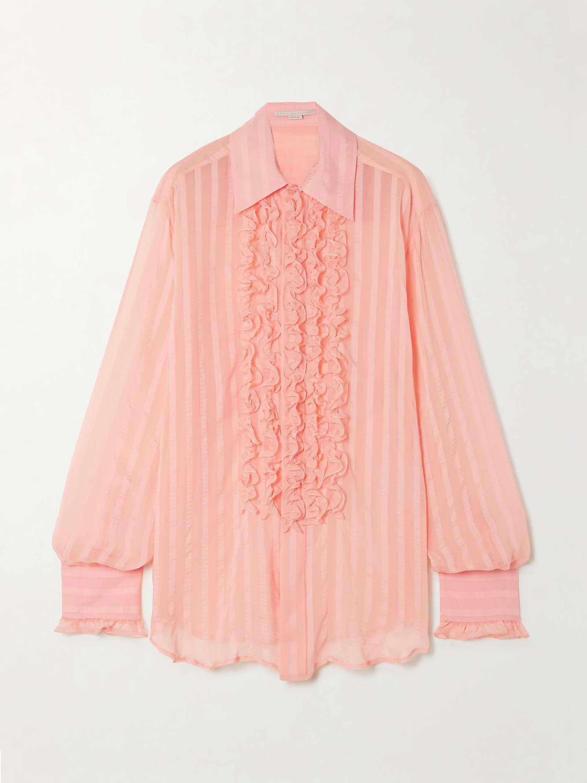 Striped ruffled organic silk-blend crepe de chine shirt