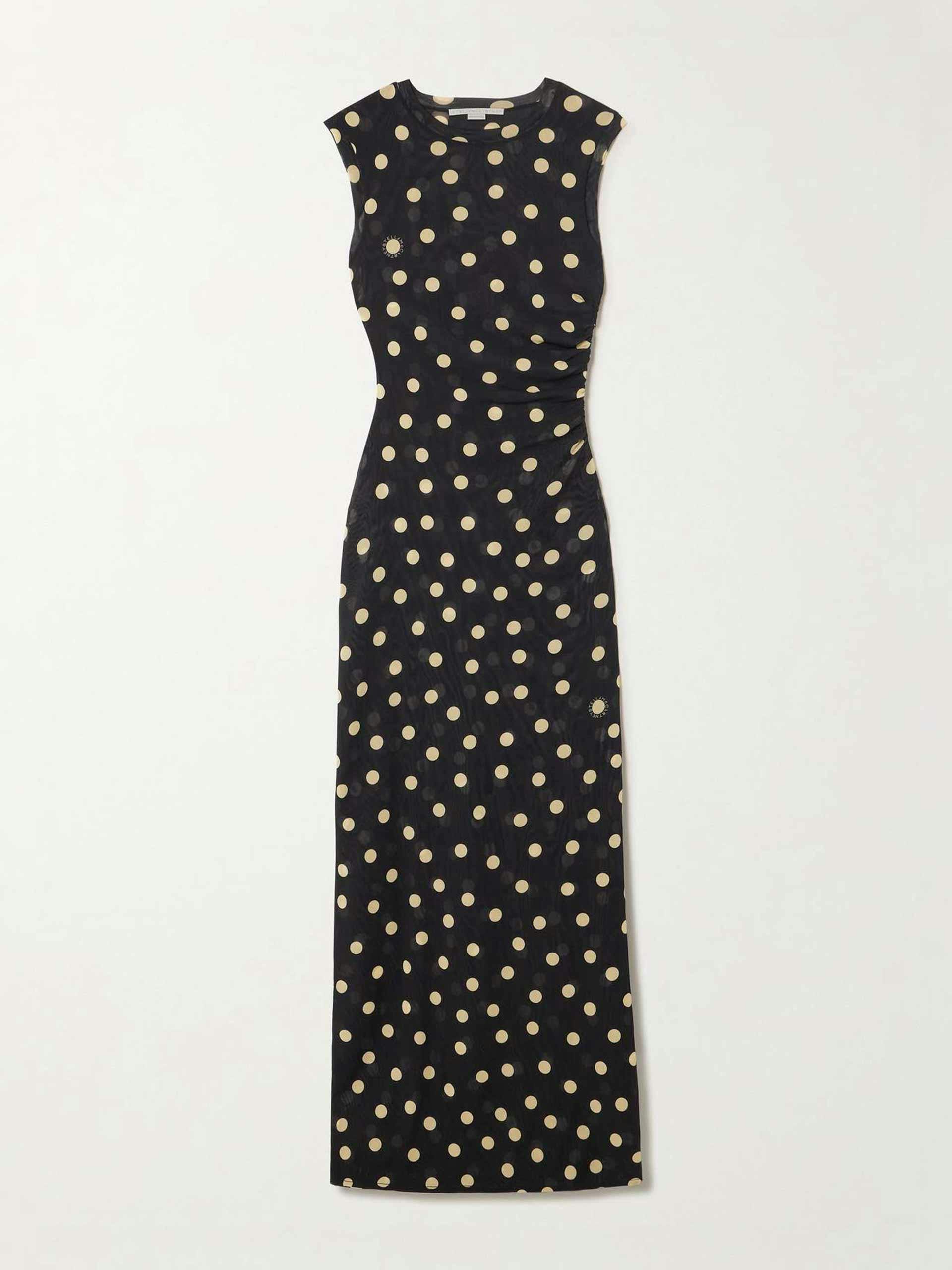 Ruched polka-dot stretch-tulle maxi dress