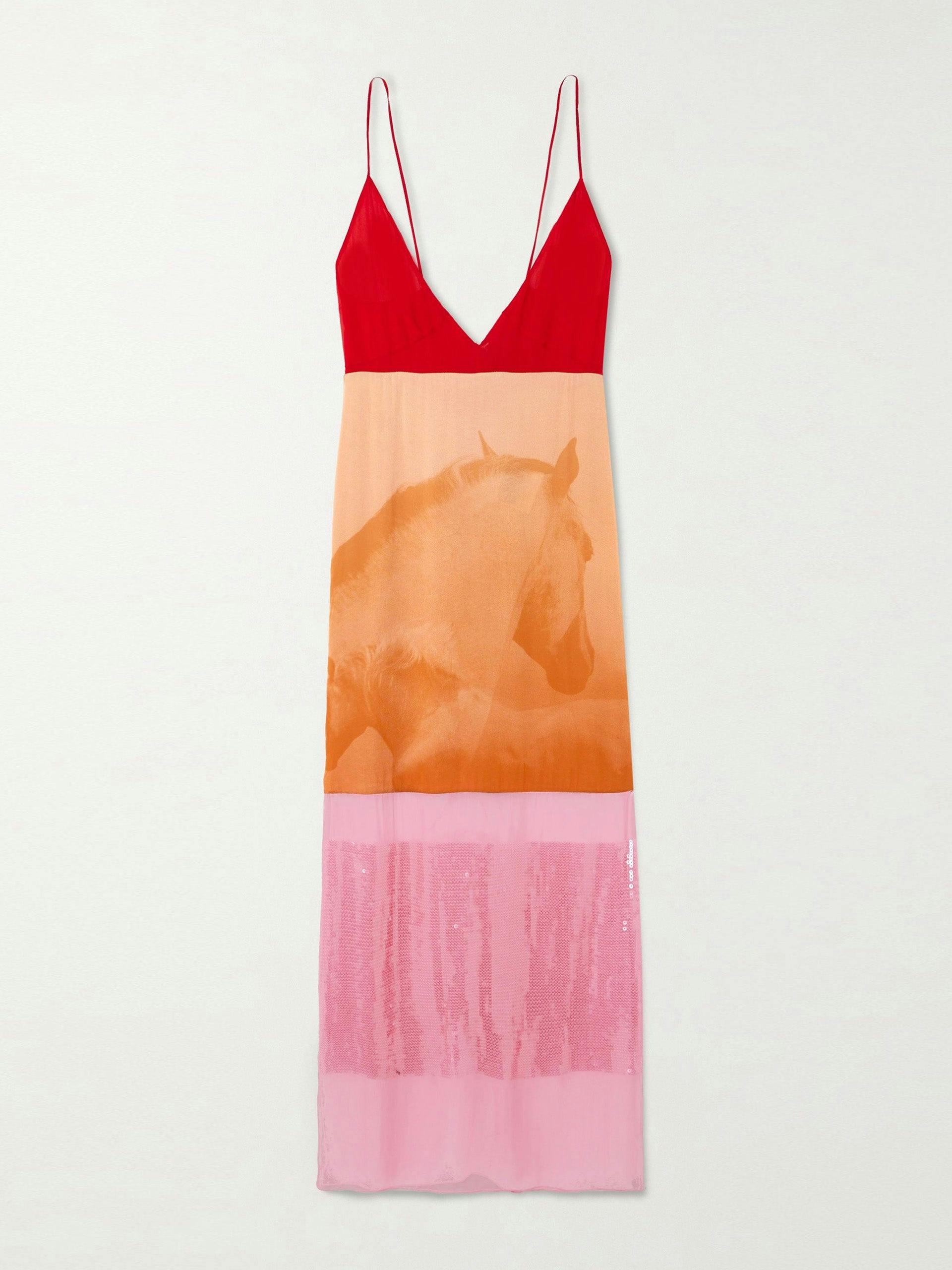 Sequin-embellished printed organic silk crepe de chine midi dress