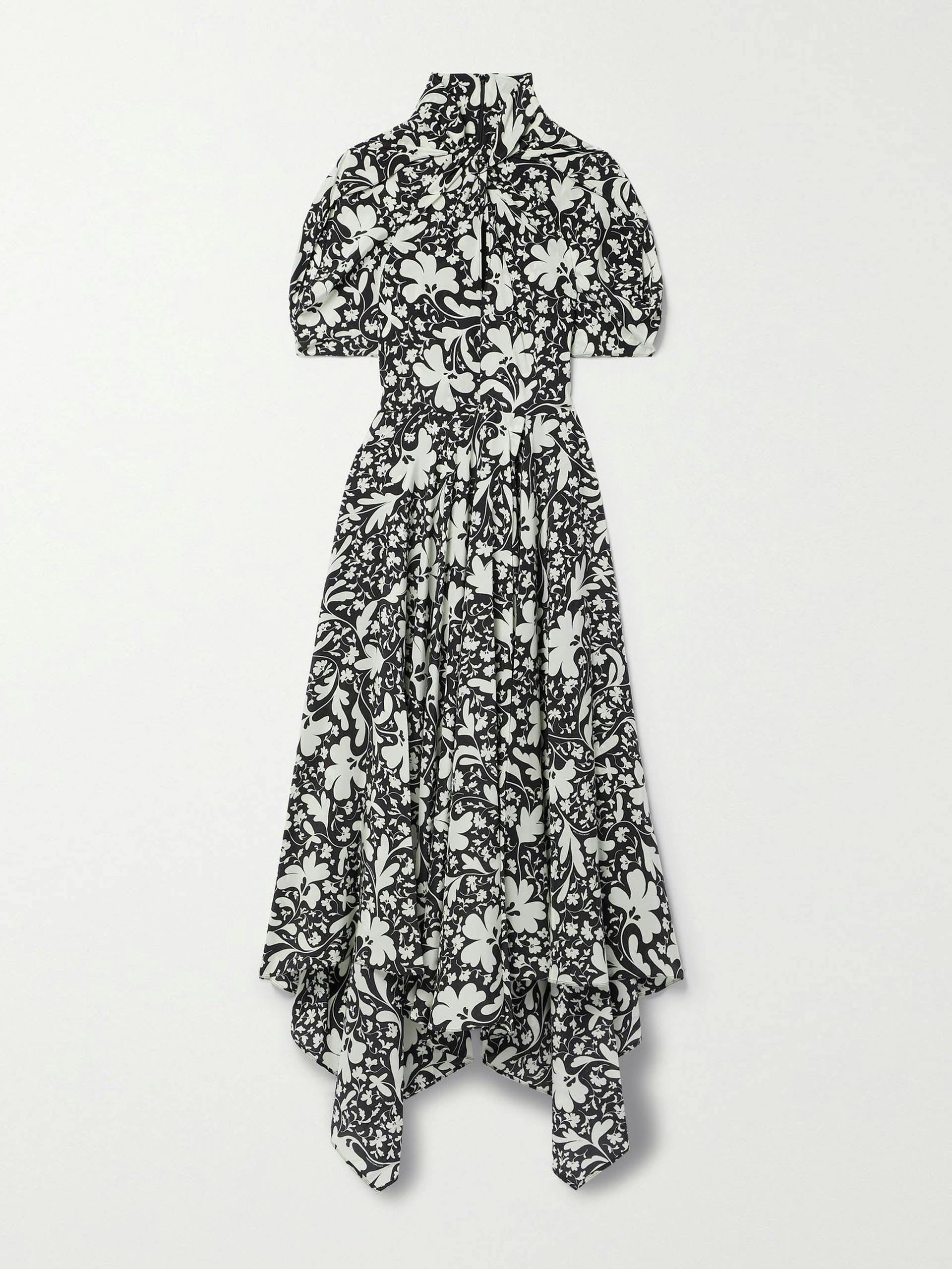 Black printed asymmetric draped floral-print silk dress