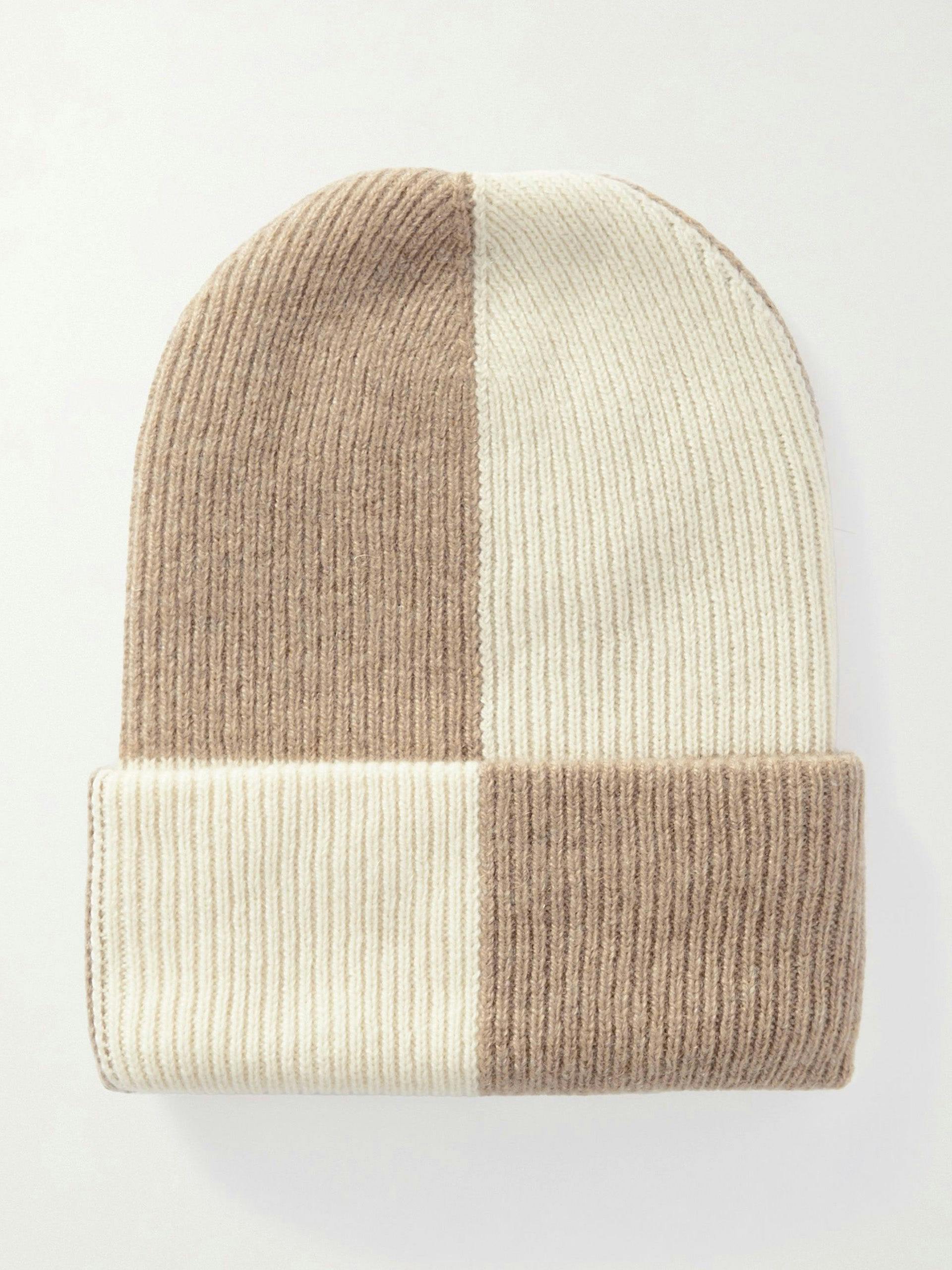 Beige checked ribbed cashmere beanie