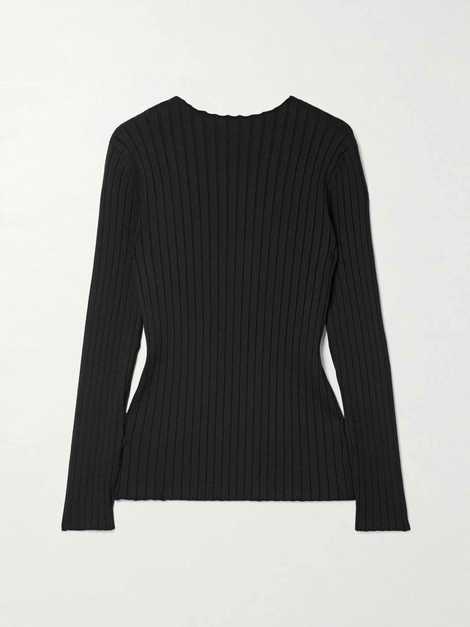 Black open back ribbed silk sweater