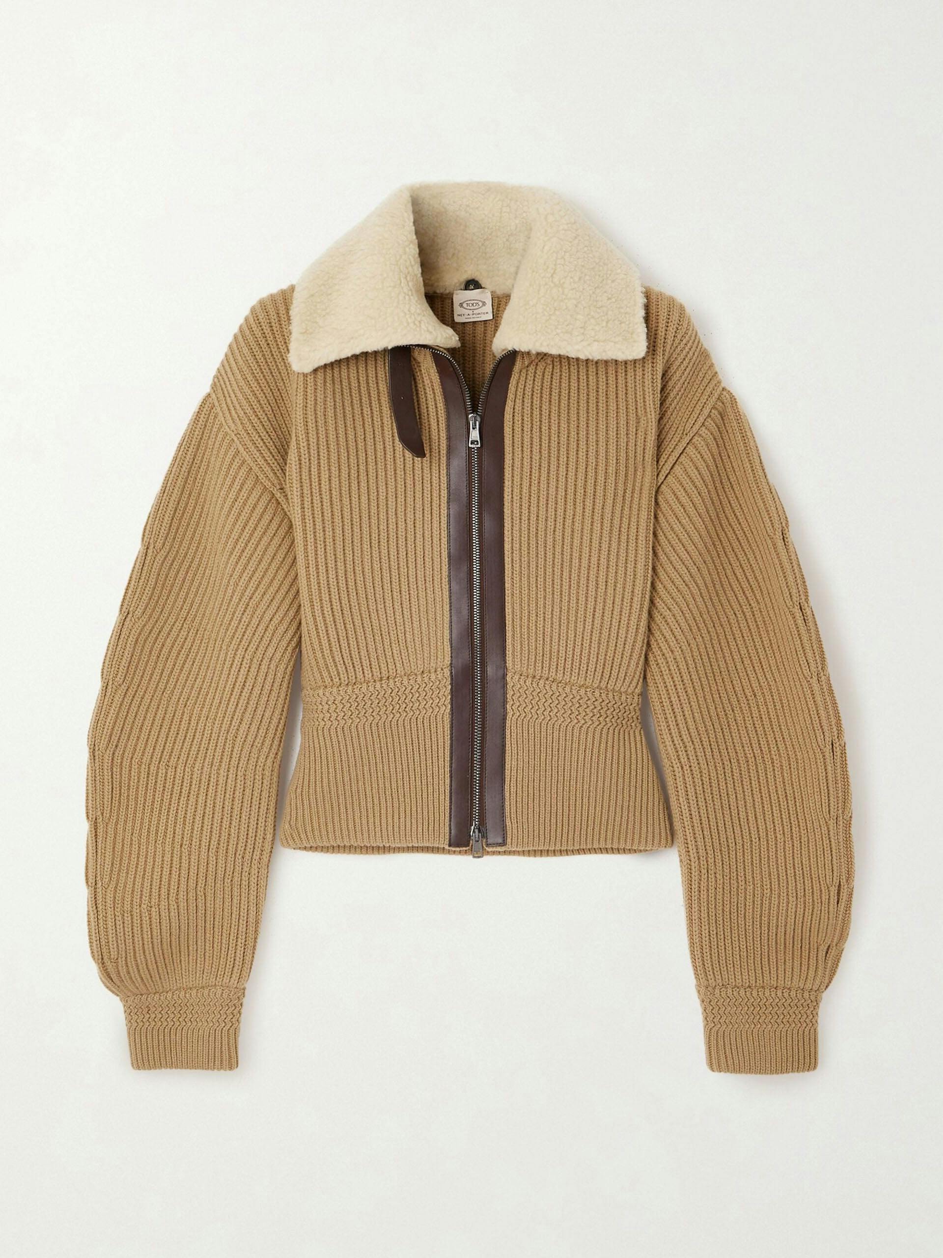 Faux shearling and leather-trimmed ribbed wool cardigan