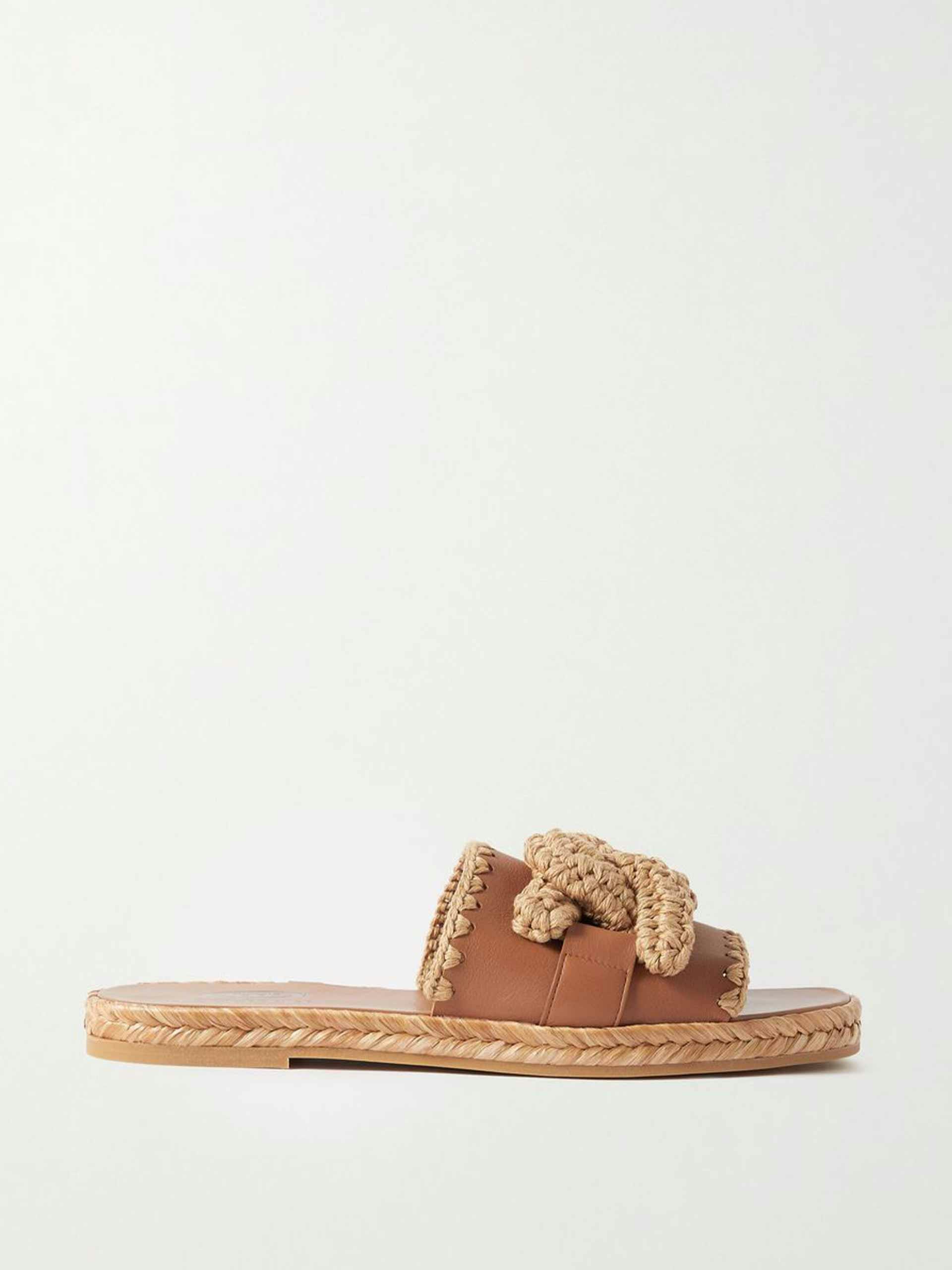 Brown whipstitched raffia-trimmed leather sandals