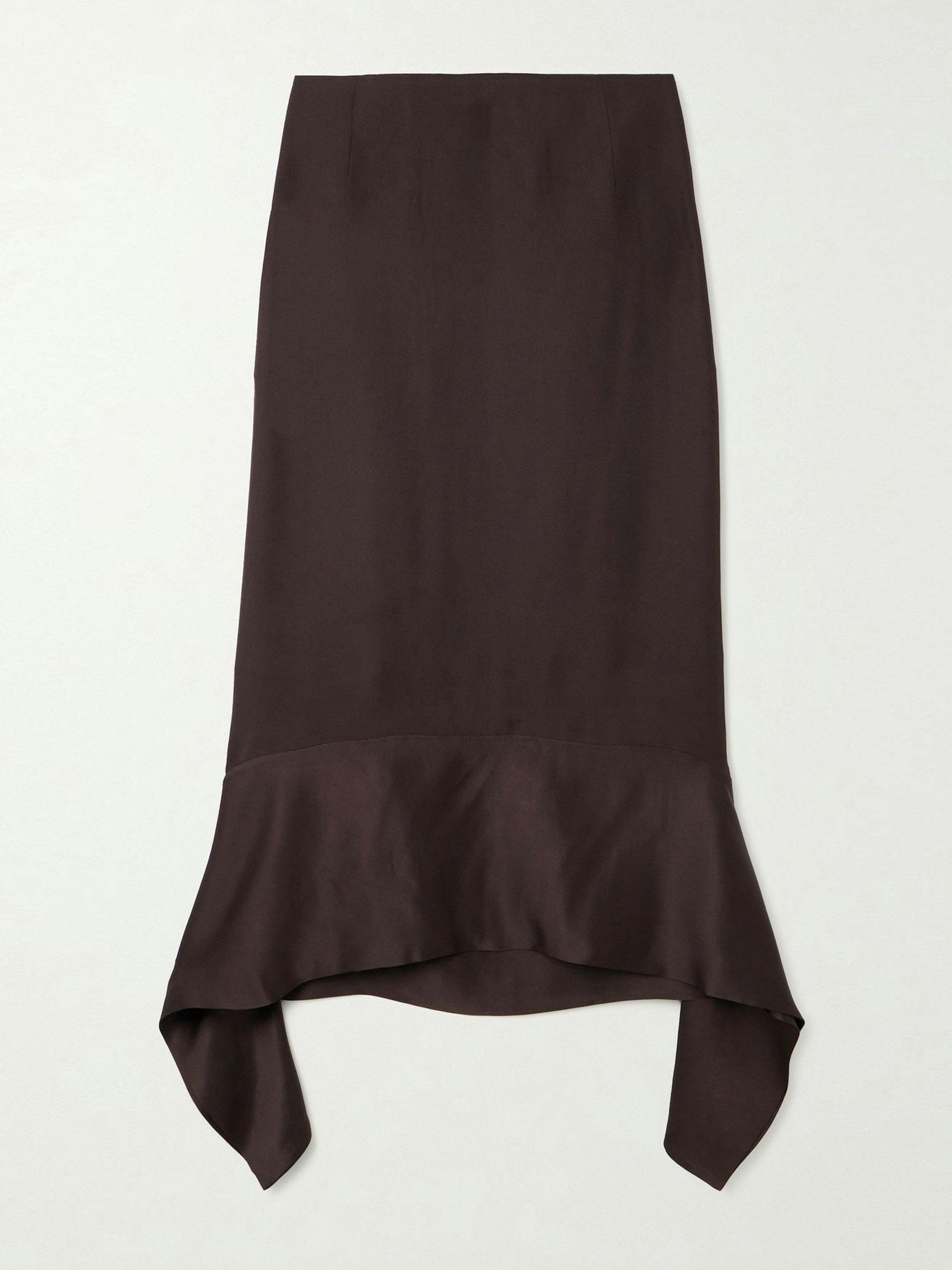 Asymmetric fluted satin-trimmed wool-crepe skirt