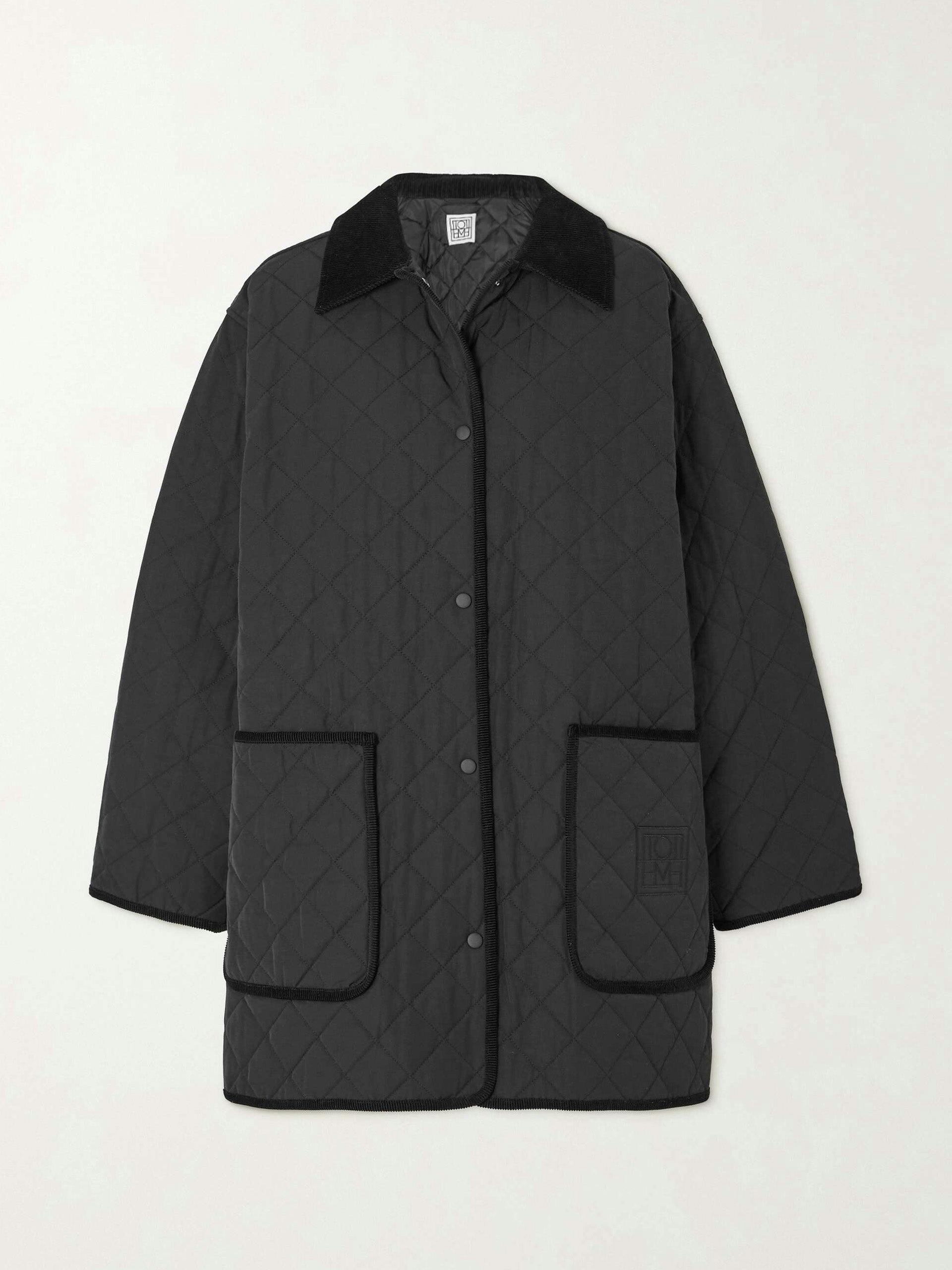 Oversized corduroy-trimmed quilted organic cotton-blend jacket