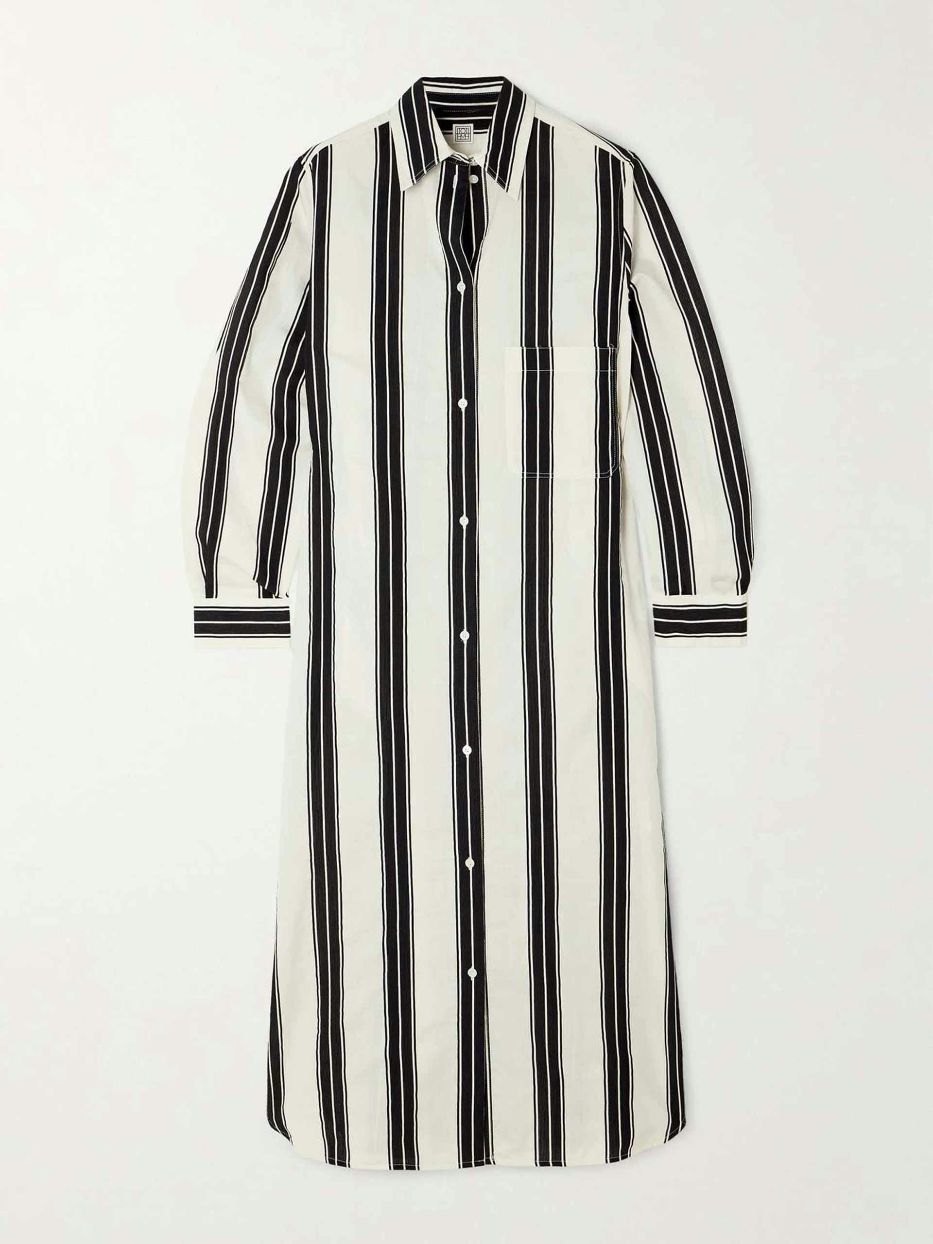 Striped jacquard-trimmed cotton-blend maxi shirt dress