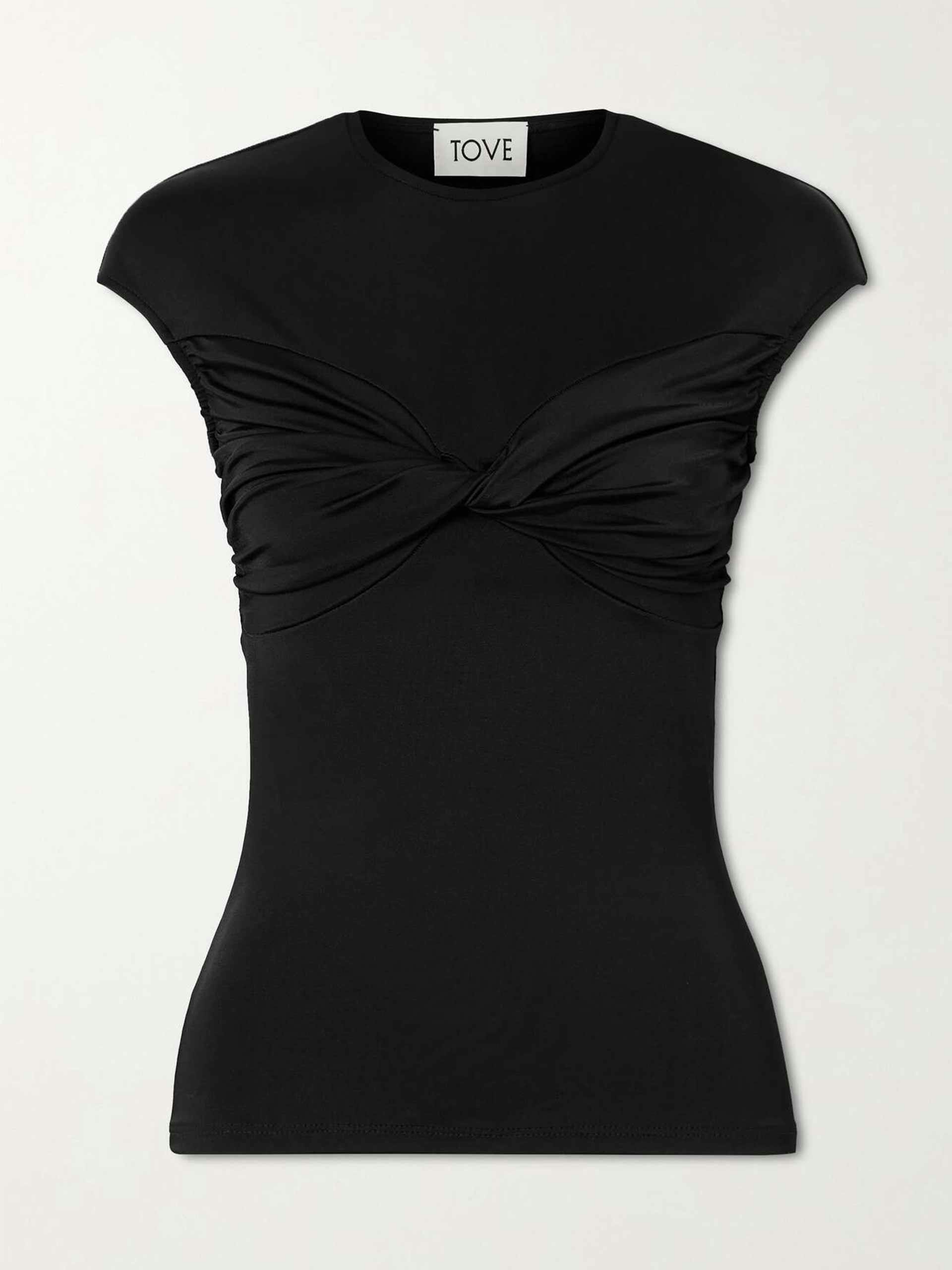 Paola twist-front satin and stretch-jersey top