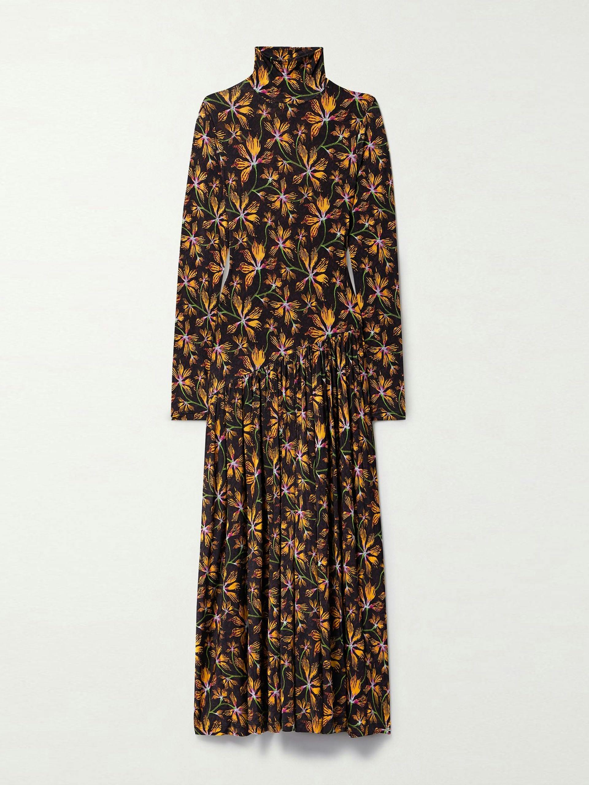 Gathered floral-print stretch-jersey turtleneck dress