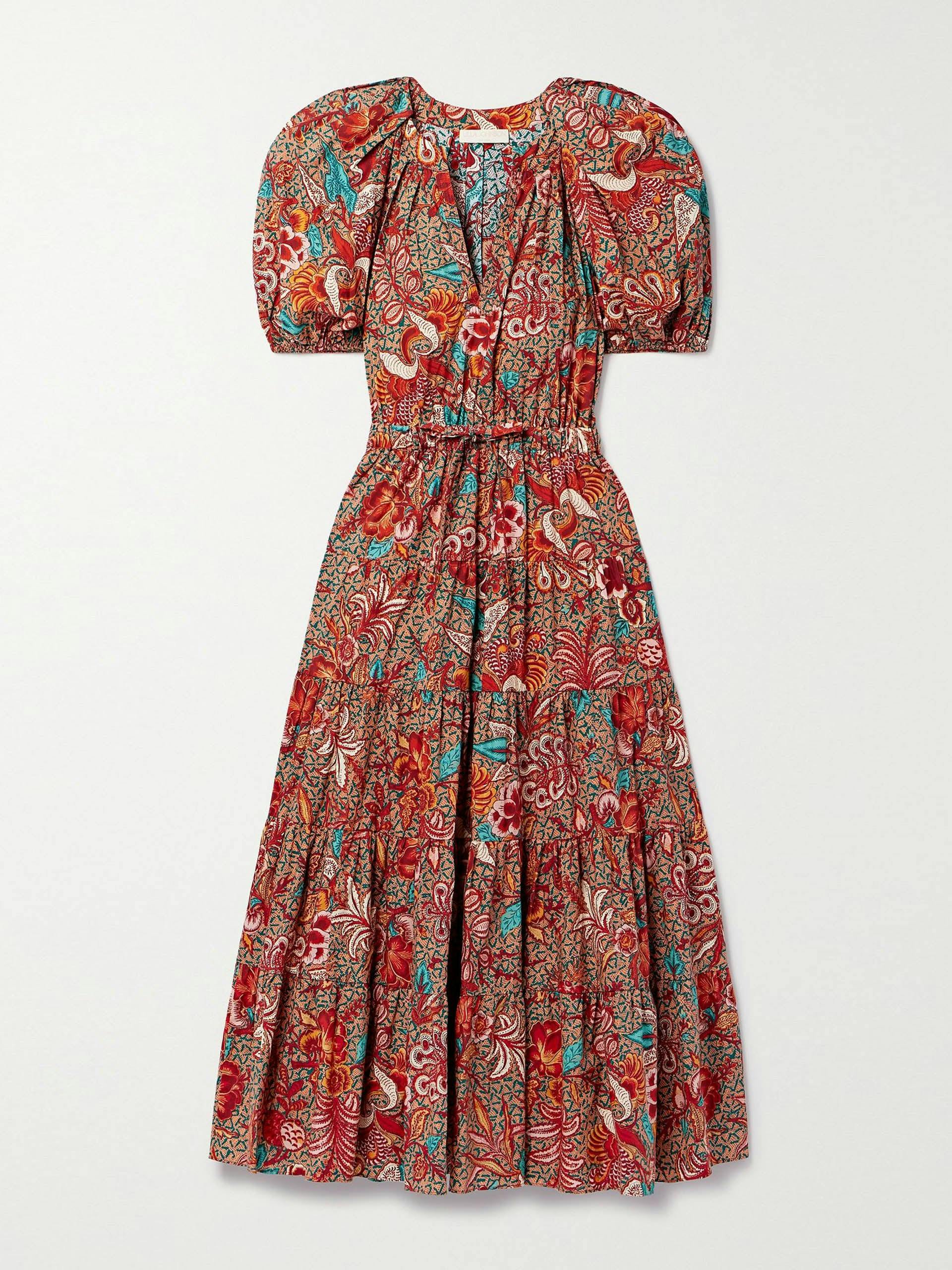 Olina tiered printed cotton-poplin midi dress