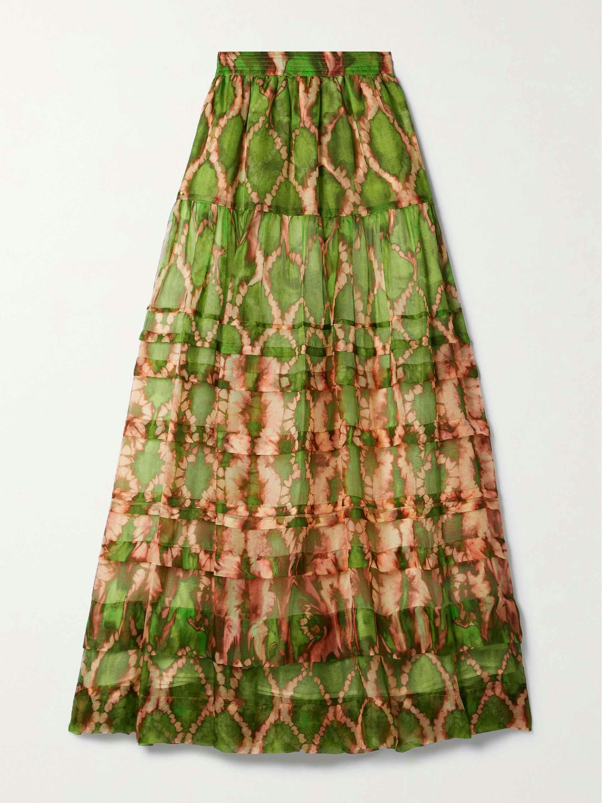 Dimitra tiered printed silk midi skirt