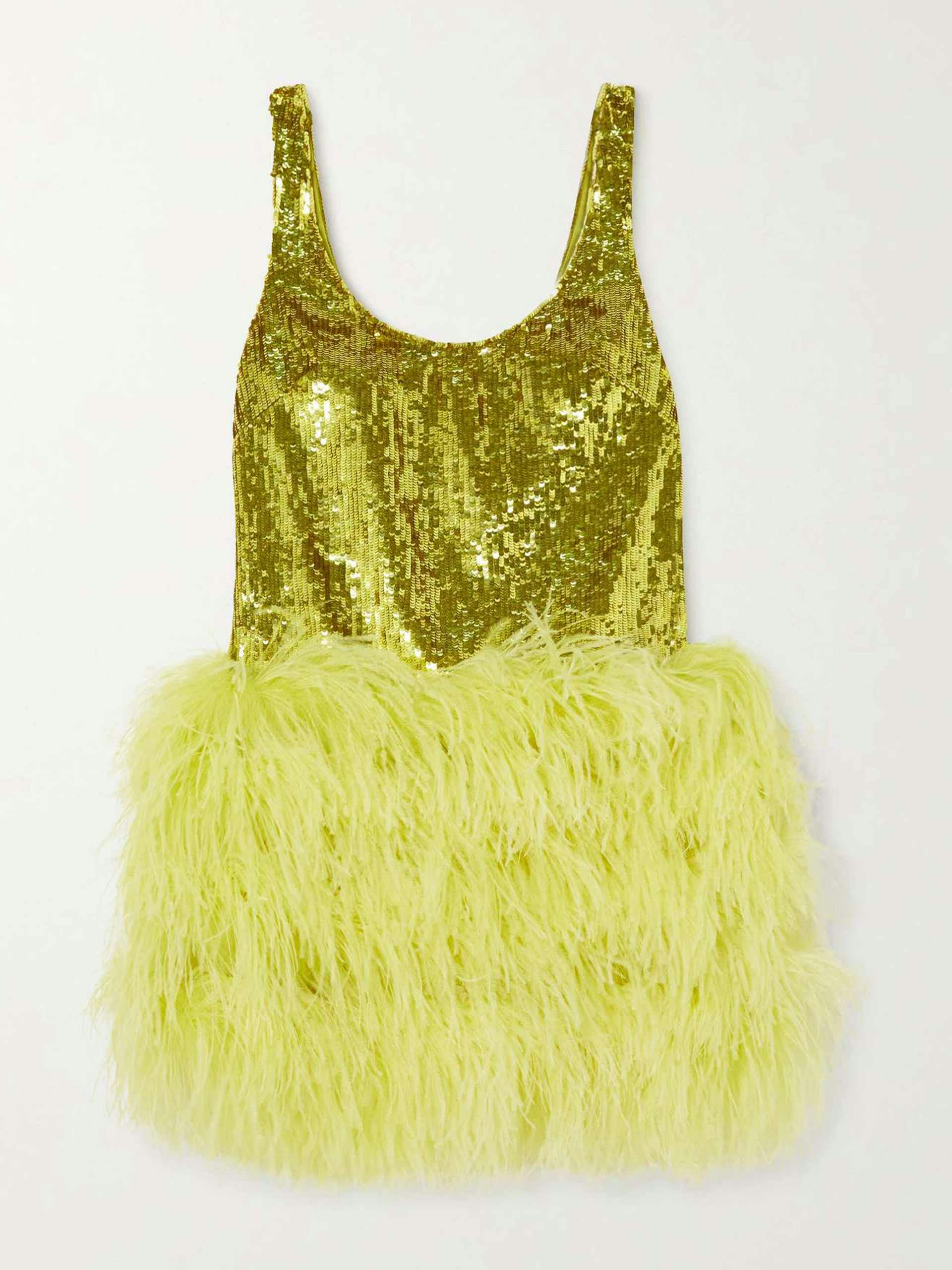 Feather-trimmed sequined tulle mini dress