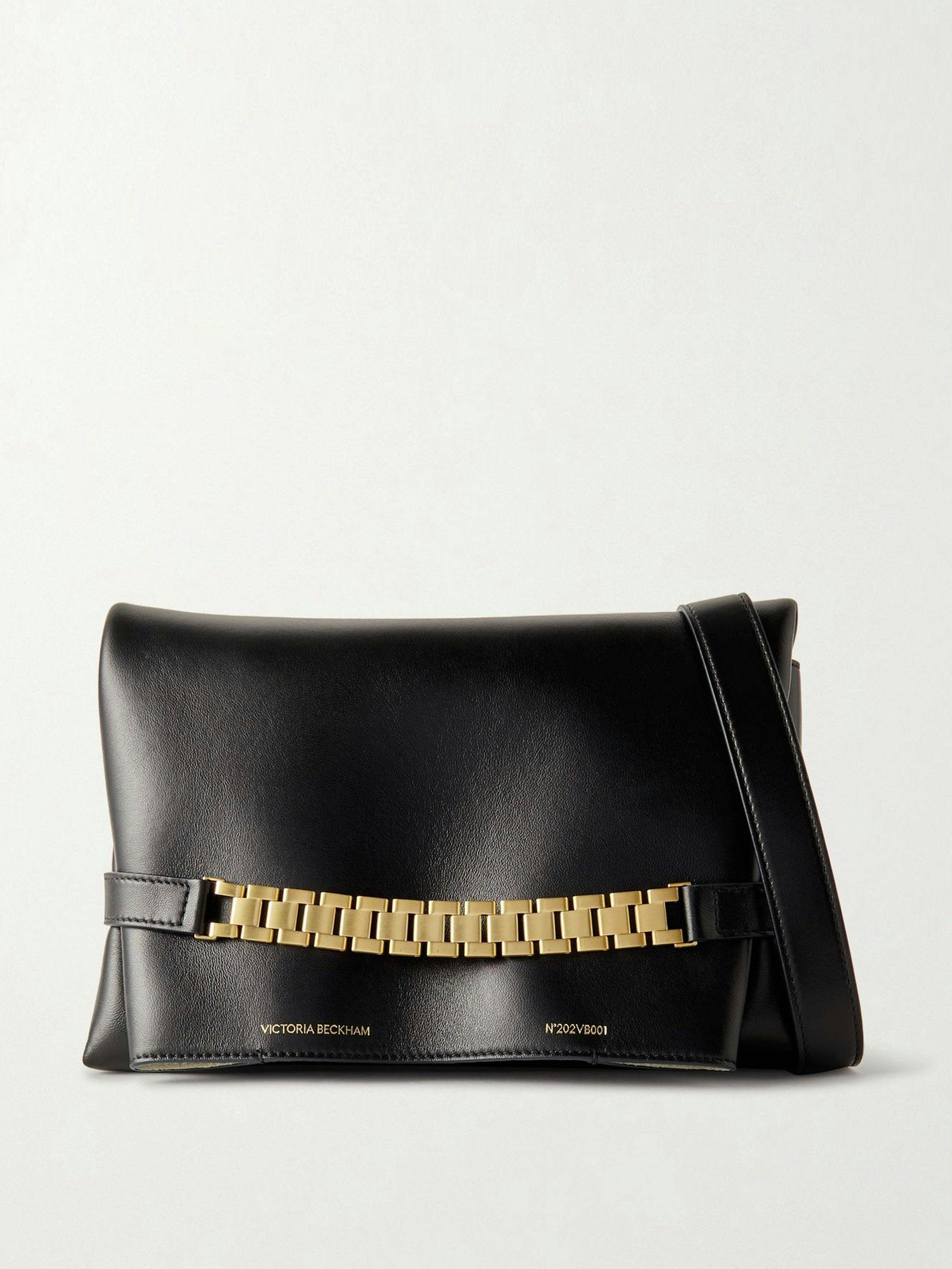 Chain-embellished leather clutch bag