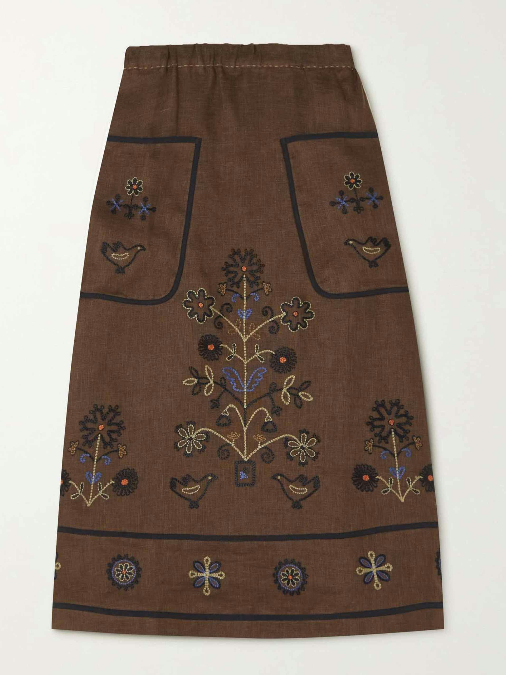 Brown embroidered linen midi skirt