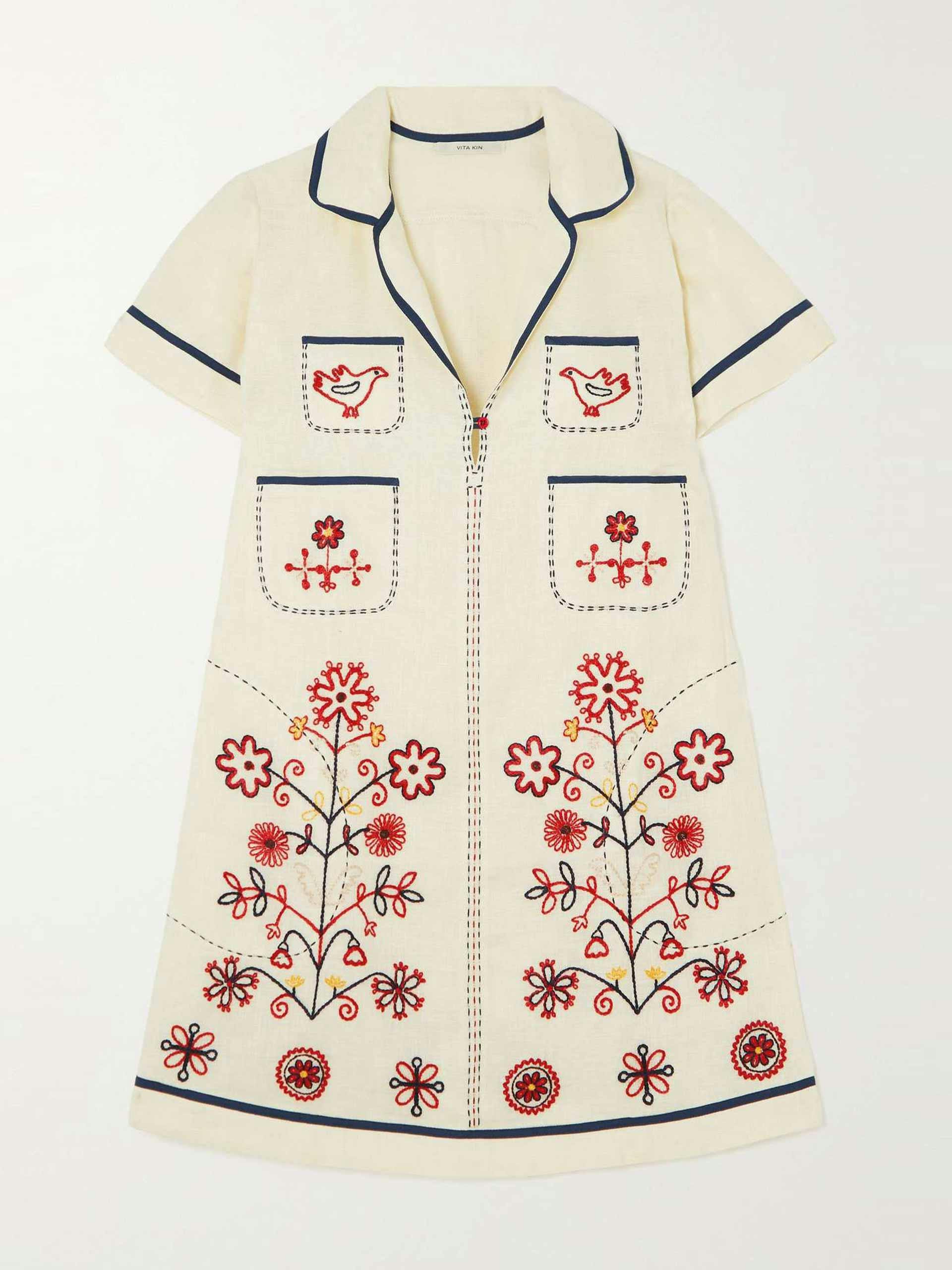 Embroidered linen midi dress