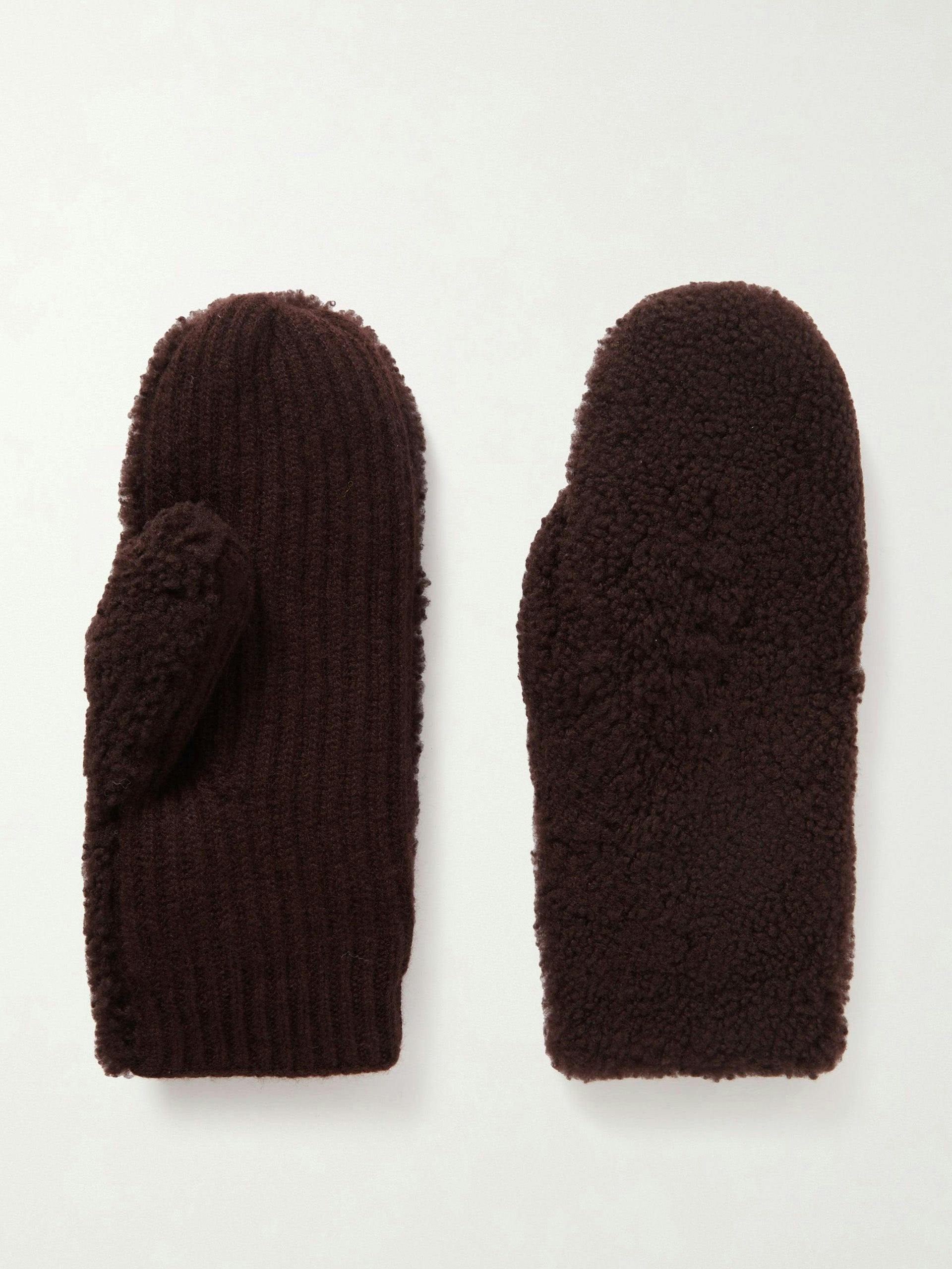 Shearling and ribbed wool and cashmere-blend mittens